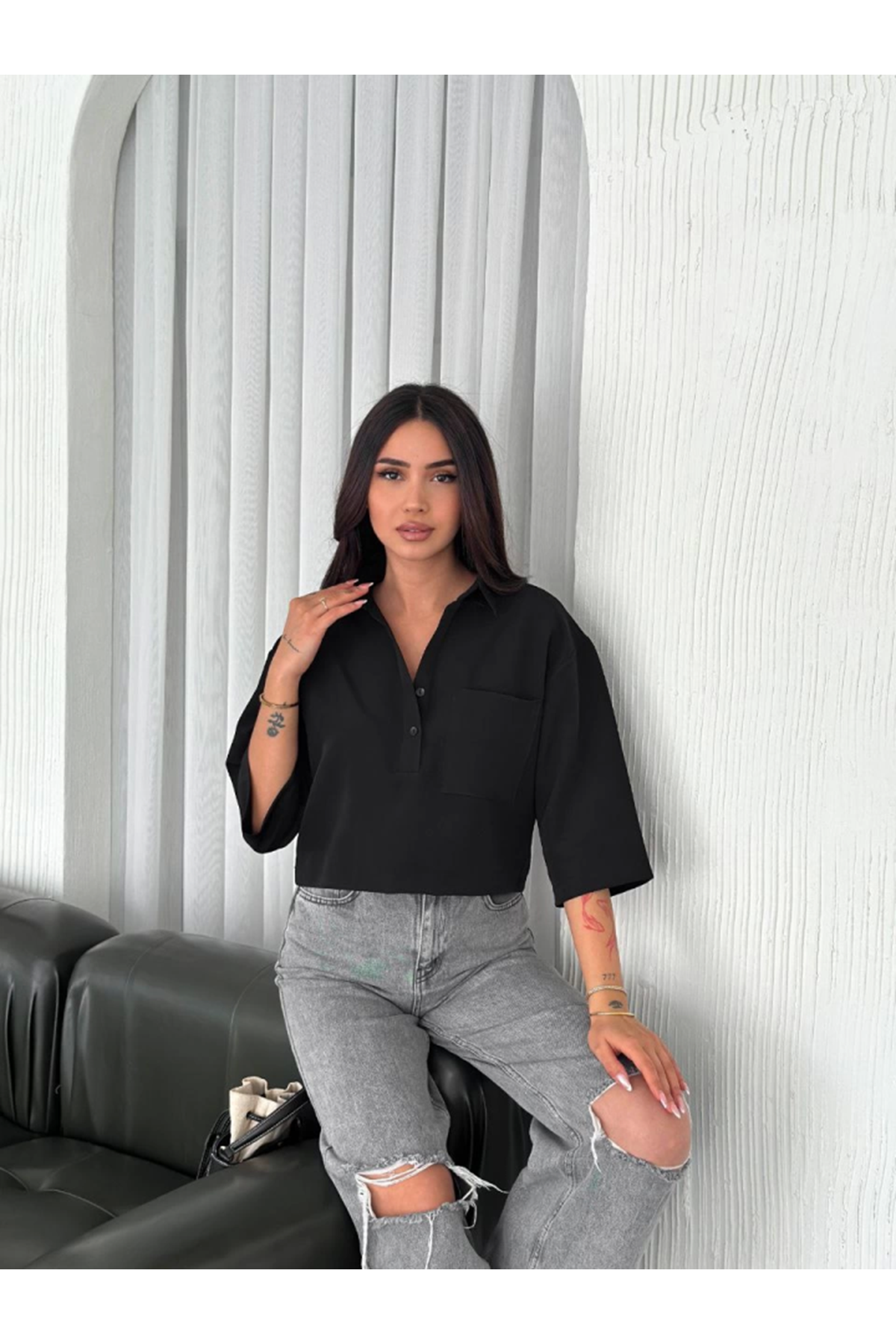 Crop Yakalı Gömlek Üç Çeyrek Sleeve Kol - Siyah