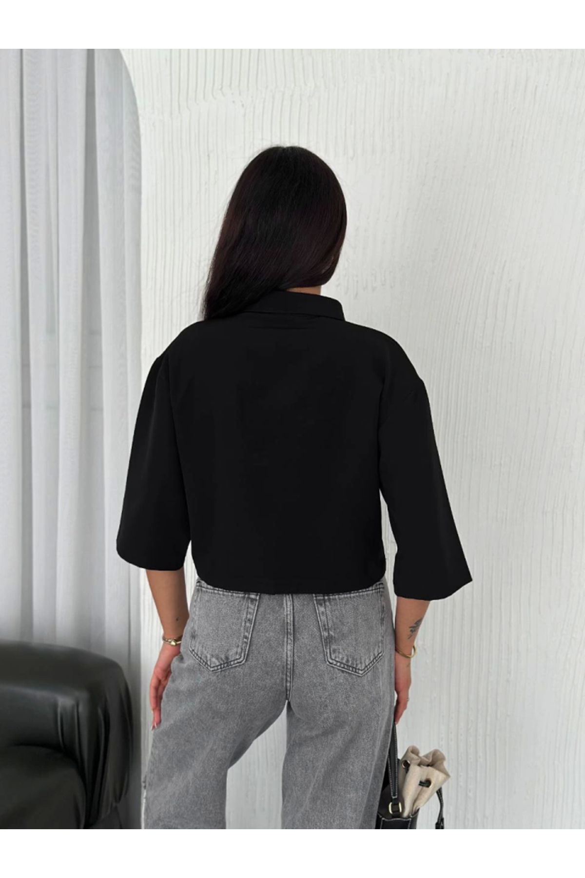 Crop Yakalı Gömlek Üç Çeyrek Sleeve Kol - Siyah