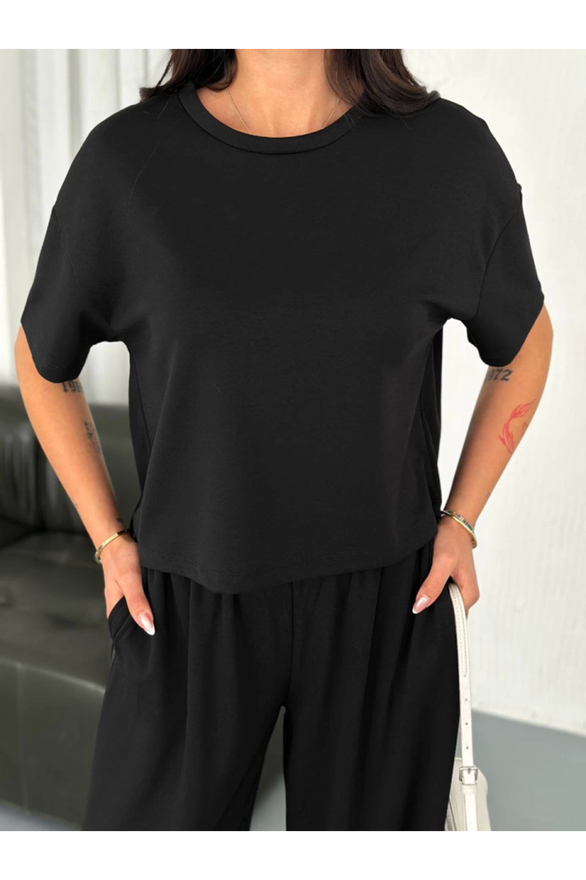 Osy Modal Yumuşak Dokulu Kumaş Bisiklet Yaka T-shirt Bol Paça Pantalon Ikili Takım -Siyah