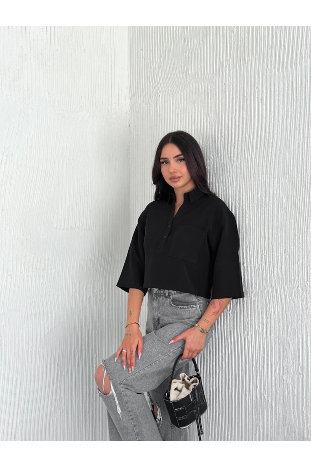 Crop Yakalı Gömlek Üç Çeyrek Sleeve Kol - Siyah