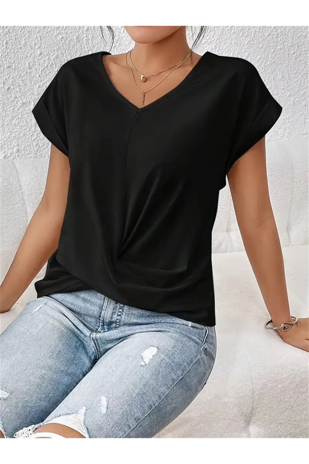 Kadın Kısa Kollu V Yakalı önden çapraz Geçmeli Detay Viskon Bluz