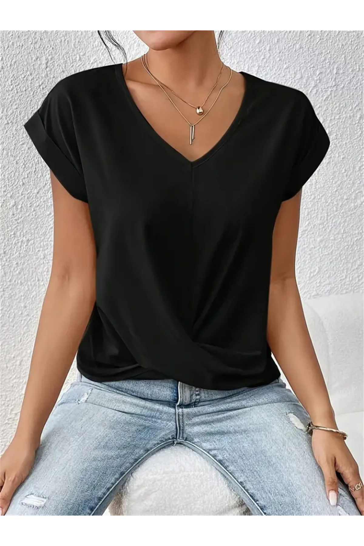 Kadın Kısa Kollu V Yakalı önden çapraz Geçmeli Detay Viskon Bluz