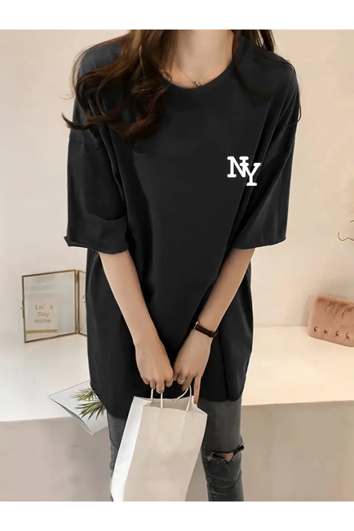 Baskılı Oversize Bisiklet Yaka T-shirt - Siyah