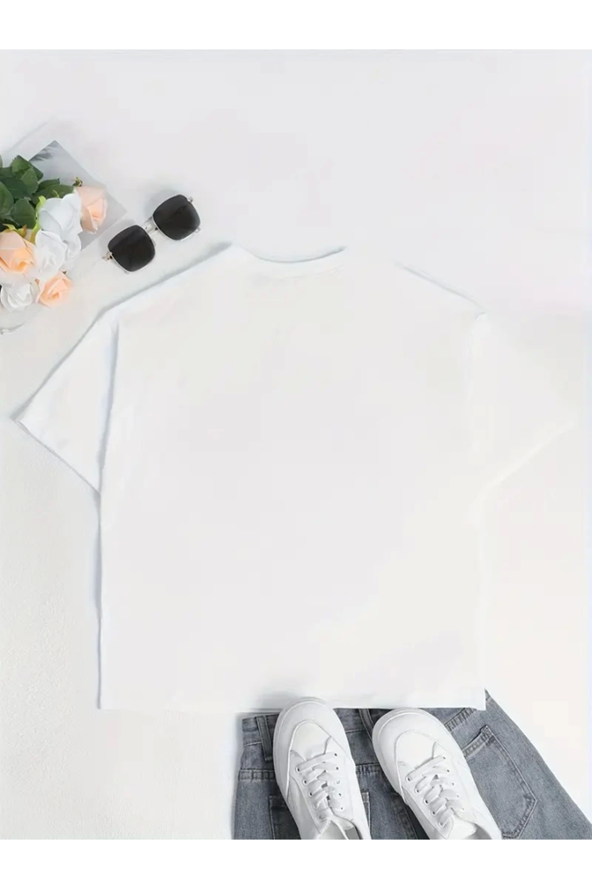 Baskılı Oversize Bisiklet Yaka T-shirt - Beyaz