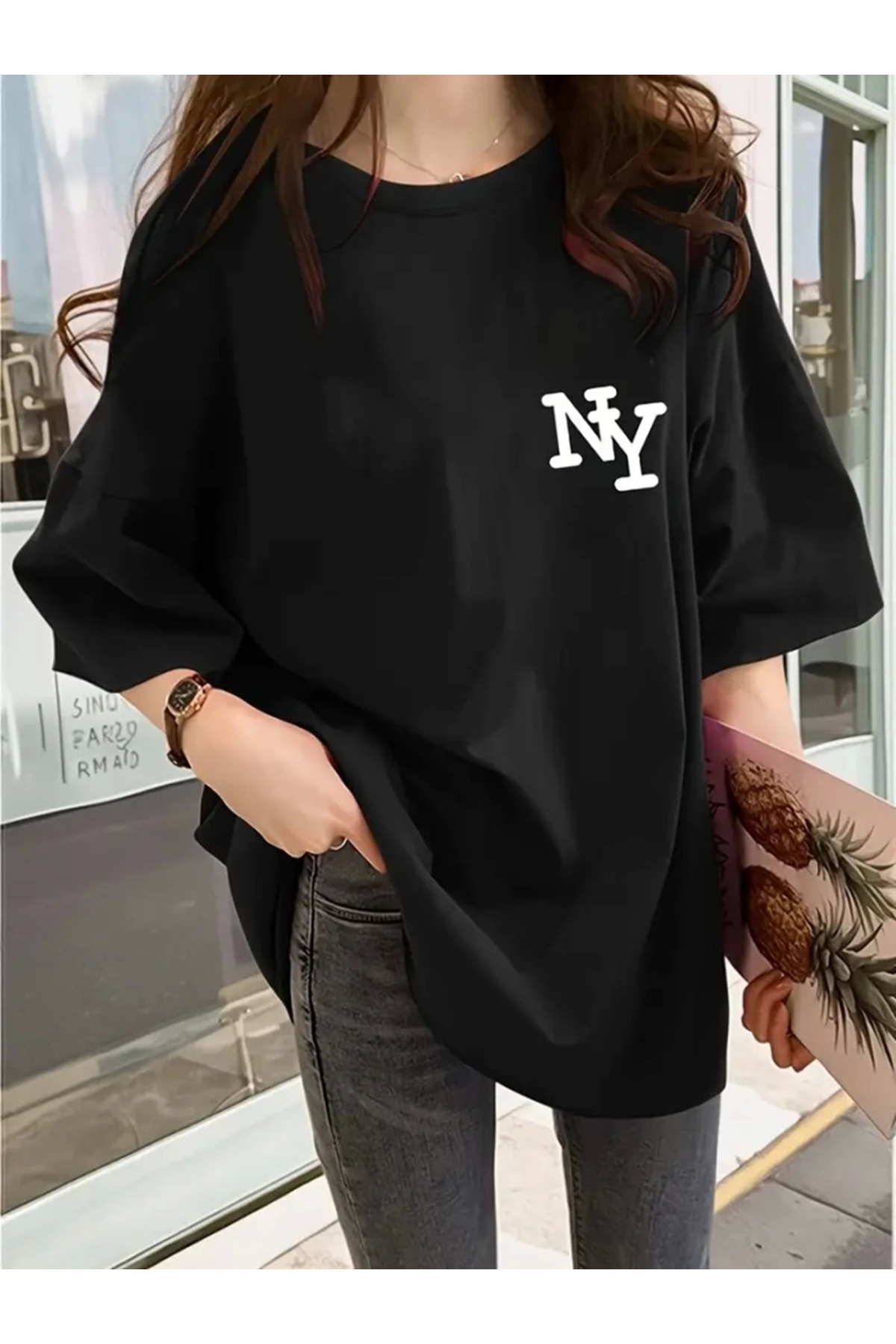 Baskılı Oversize Bisiklet Yaka T-shirt - Siyah