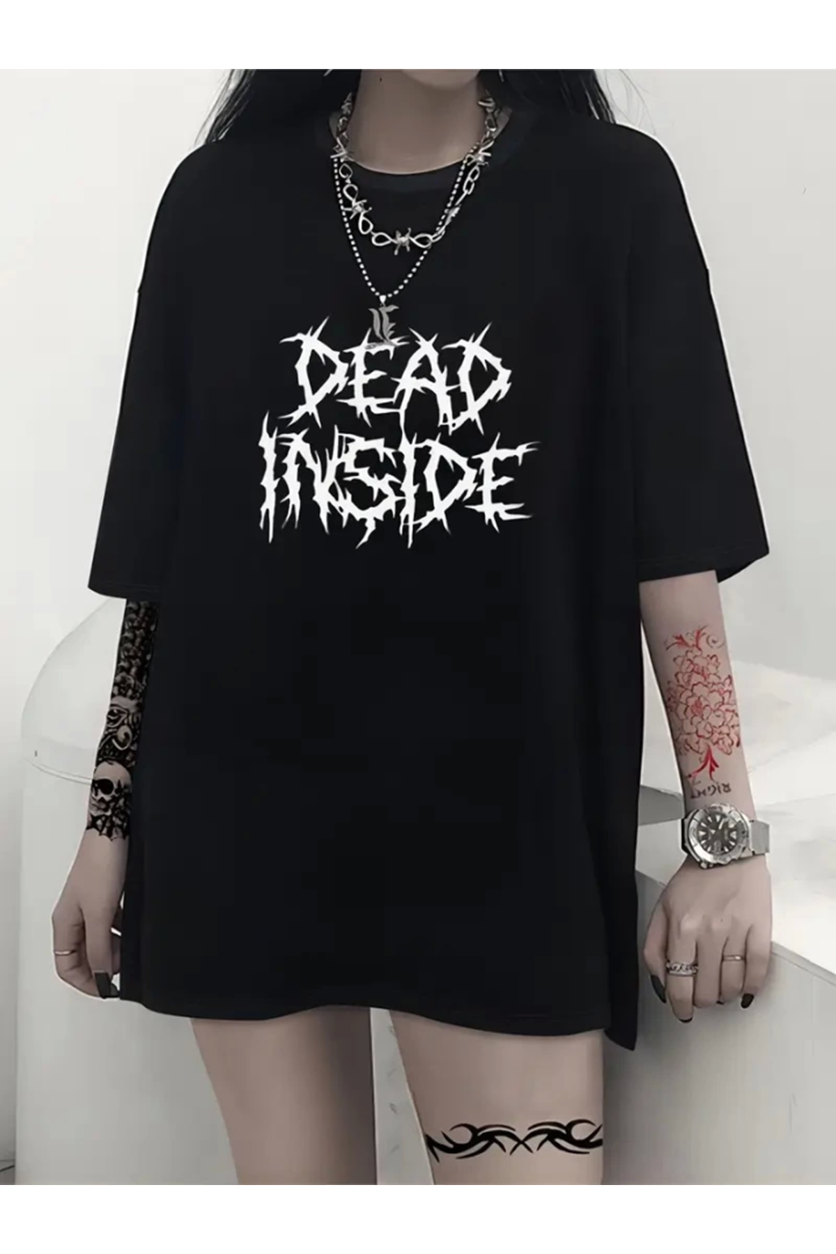 Baskılı Oversize Bisiklet Yaka T-shirt - Siyah