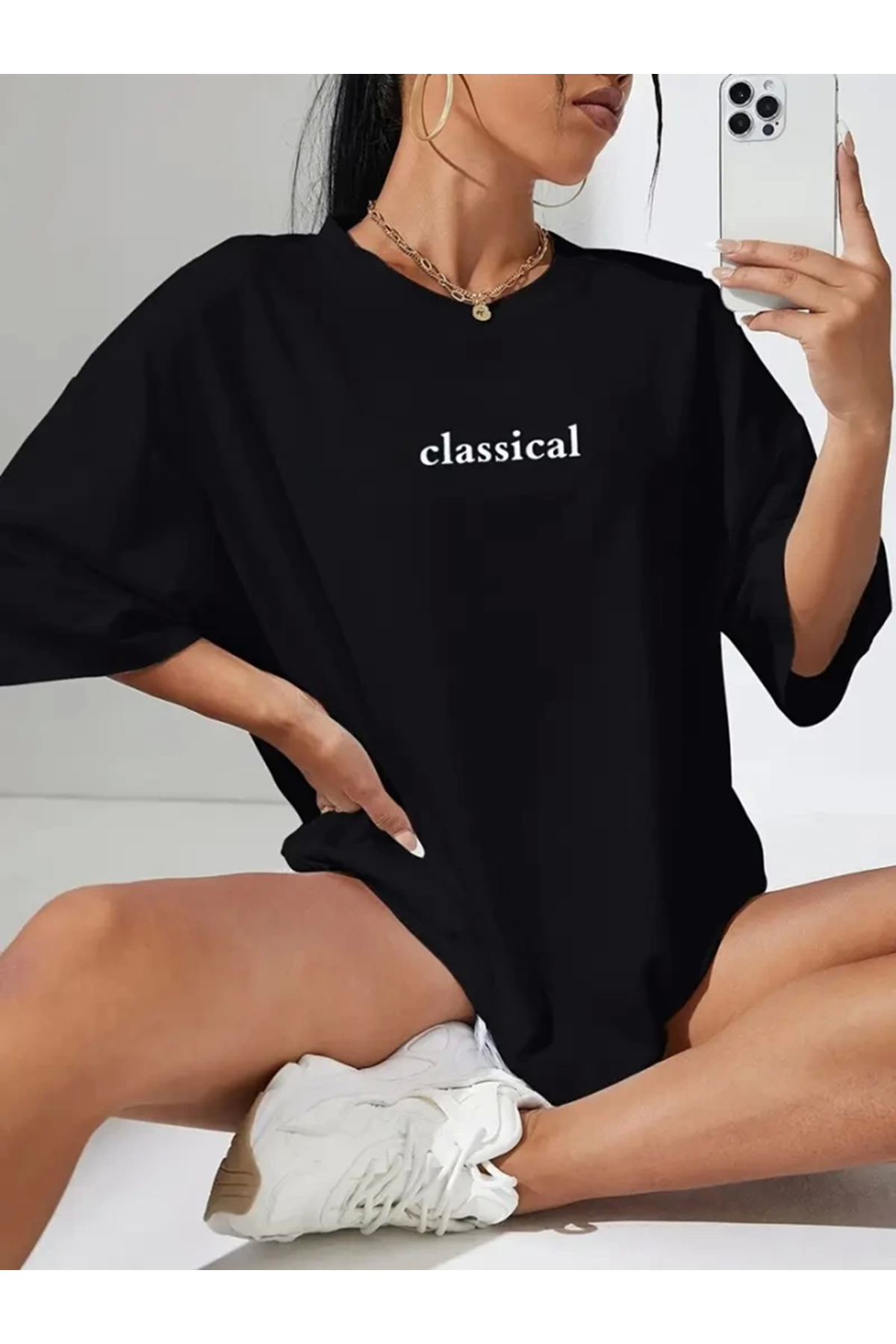 Baskılı Oversize Bisiklet Yaka T-shirt - Siyah