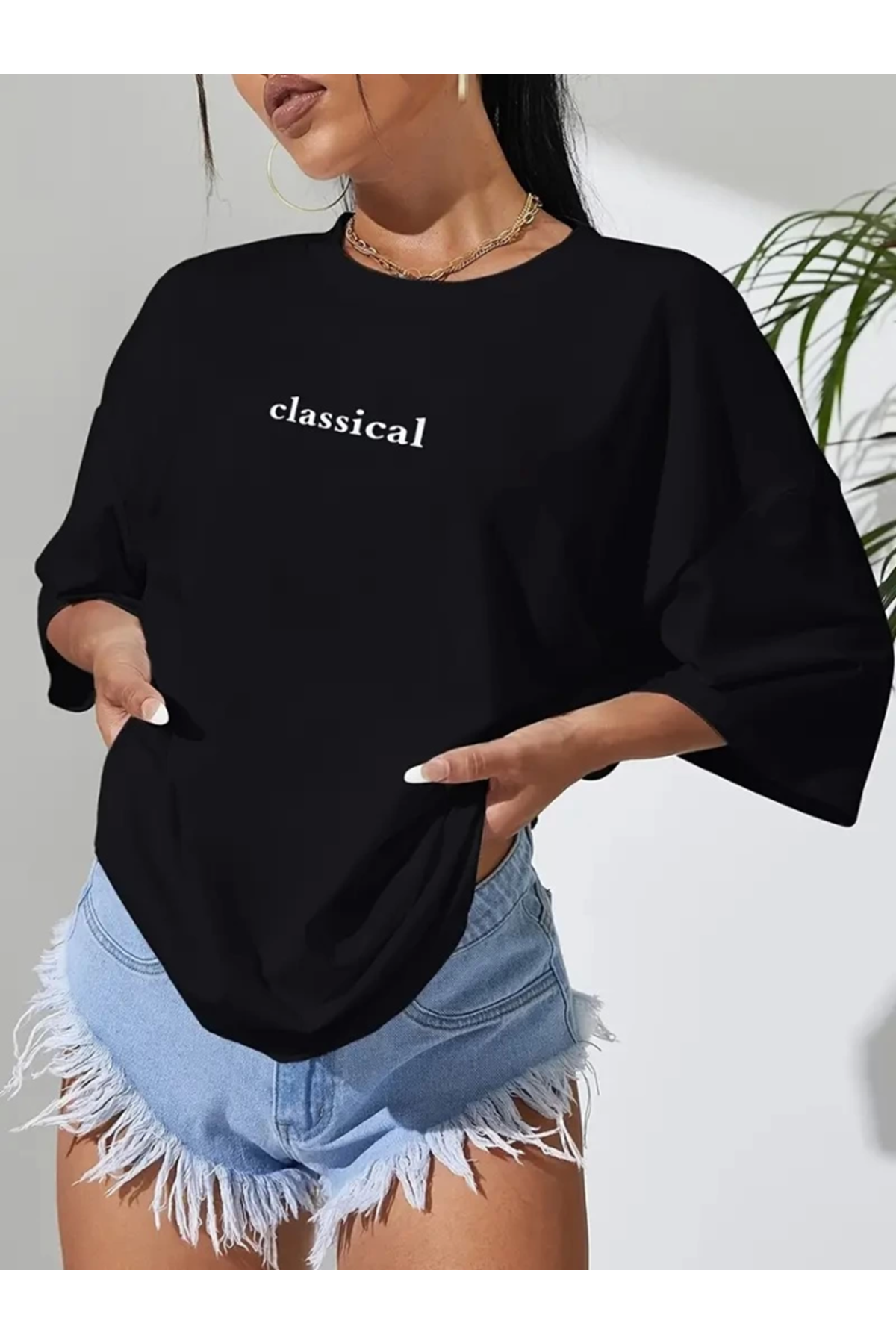 Baskılı Oversize Bisiklet Yaka T-shirt - Siyah