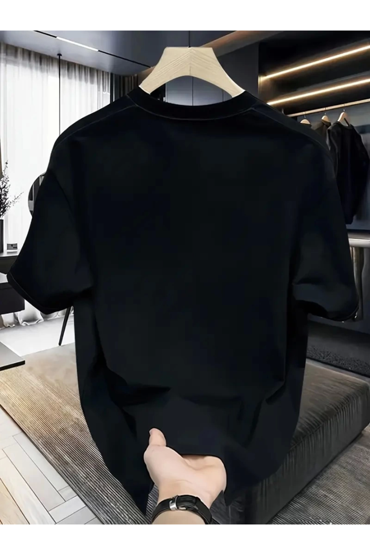 Rahat Bisiklet Yaka Tişört, Yaratıcı Karikatür Baskı - Yumuşak Polyester, Her Mevsim Giyilebilir- Siyah