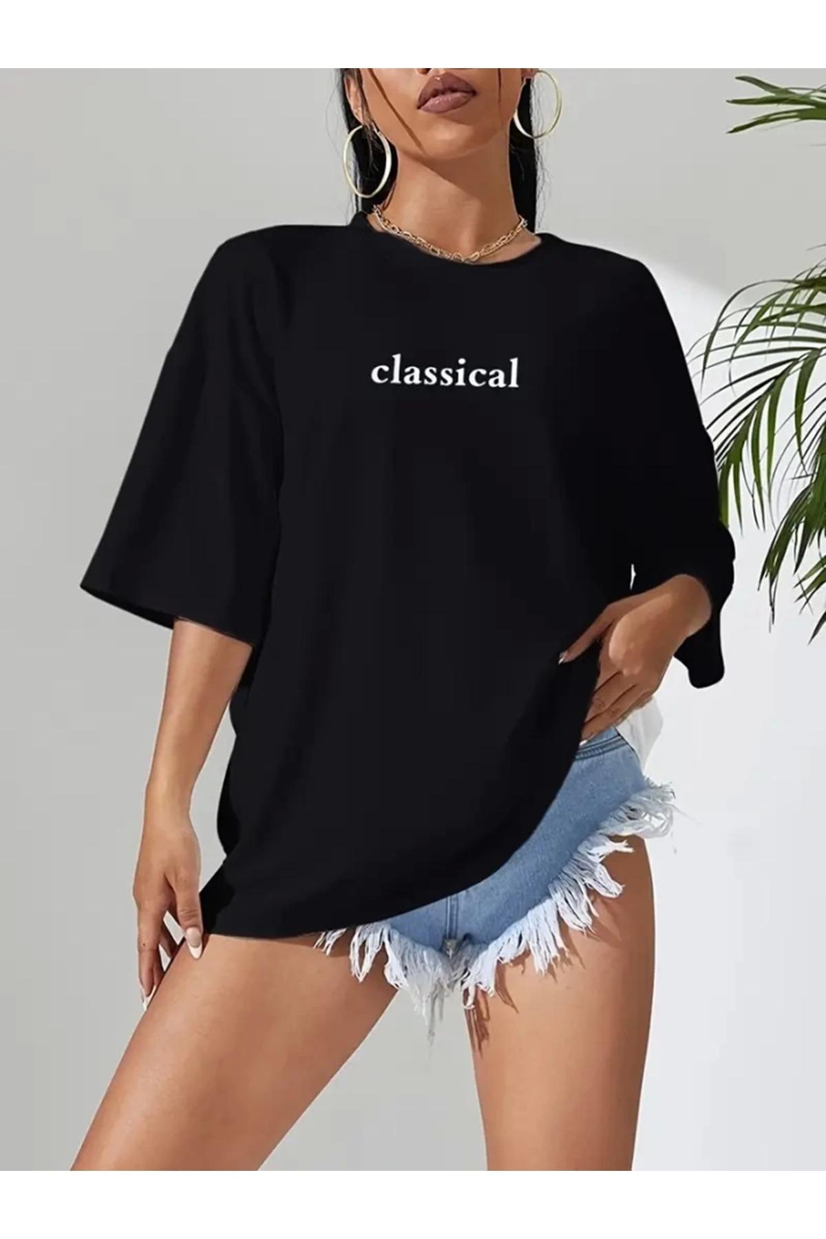 Baskılı Oversize Bisiklet Yaka T-shirt - Siyah