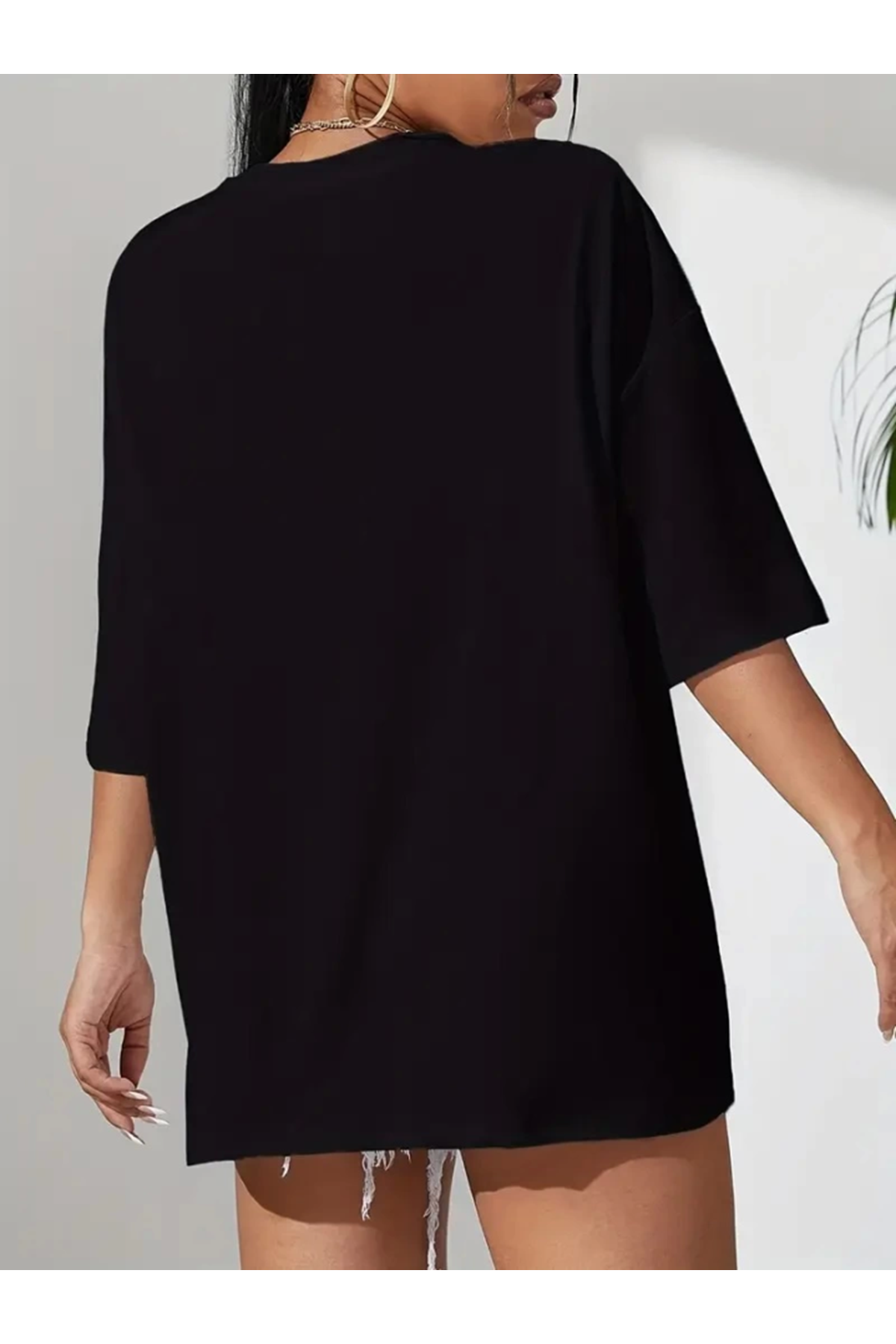 Baskılı Oversize Bisiklet Yaka T-shirt - Siyah