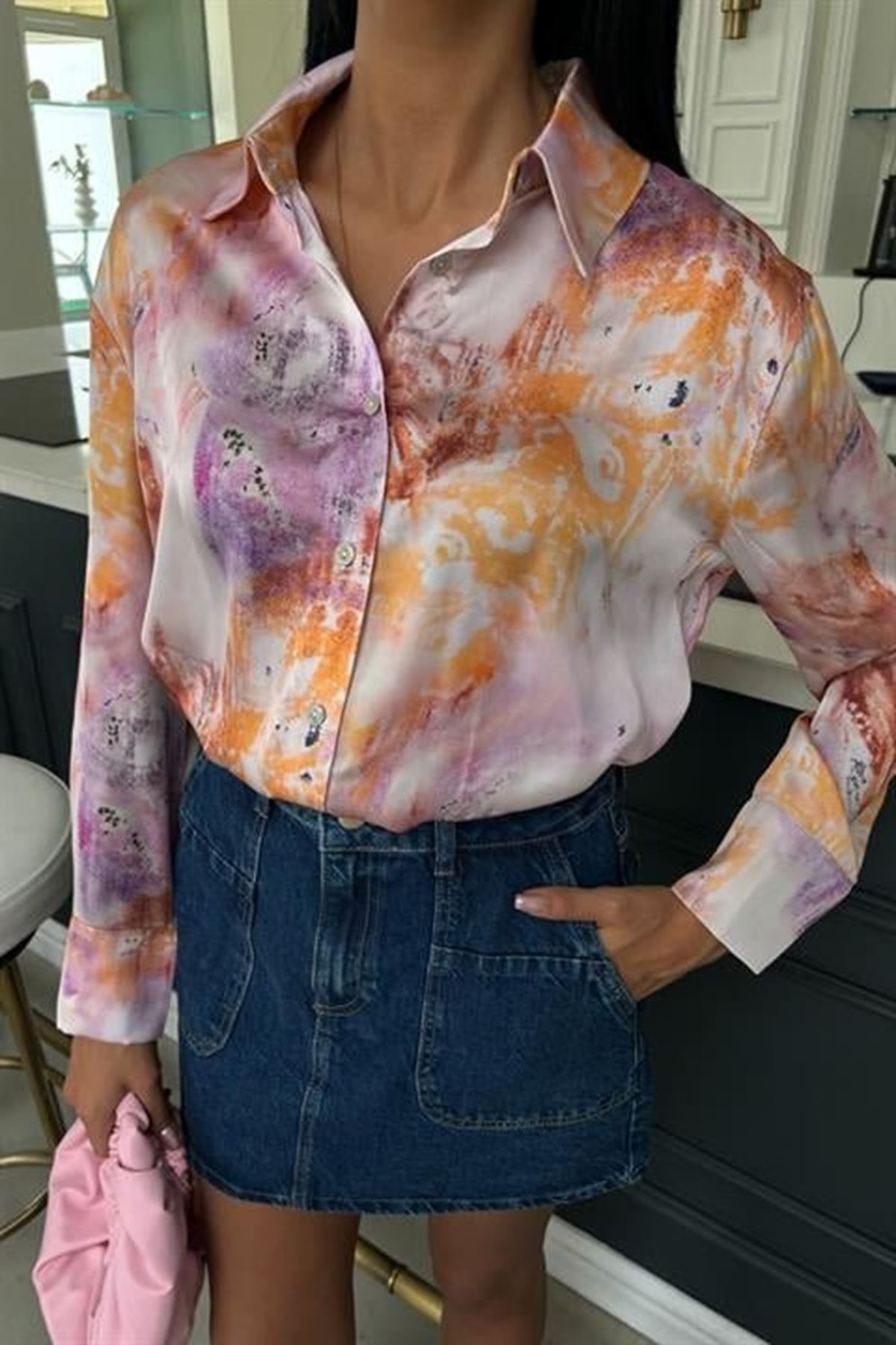 Batik Desenli Saten Gömlek 3409