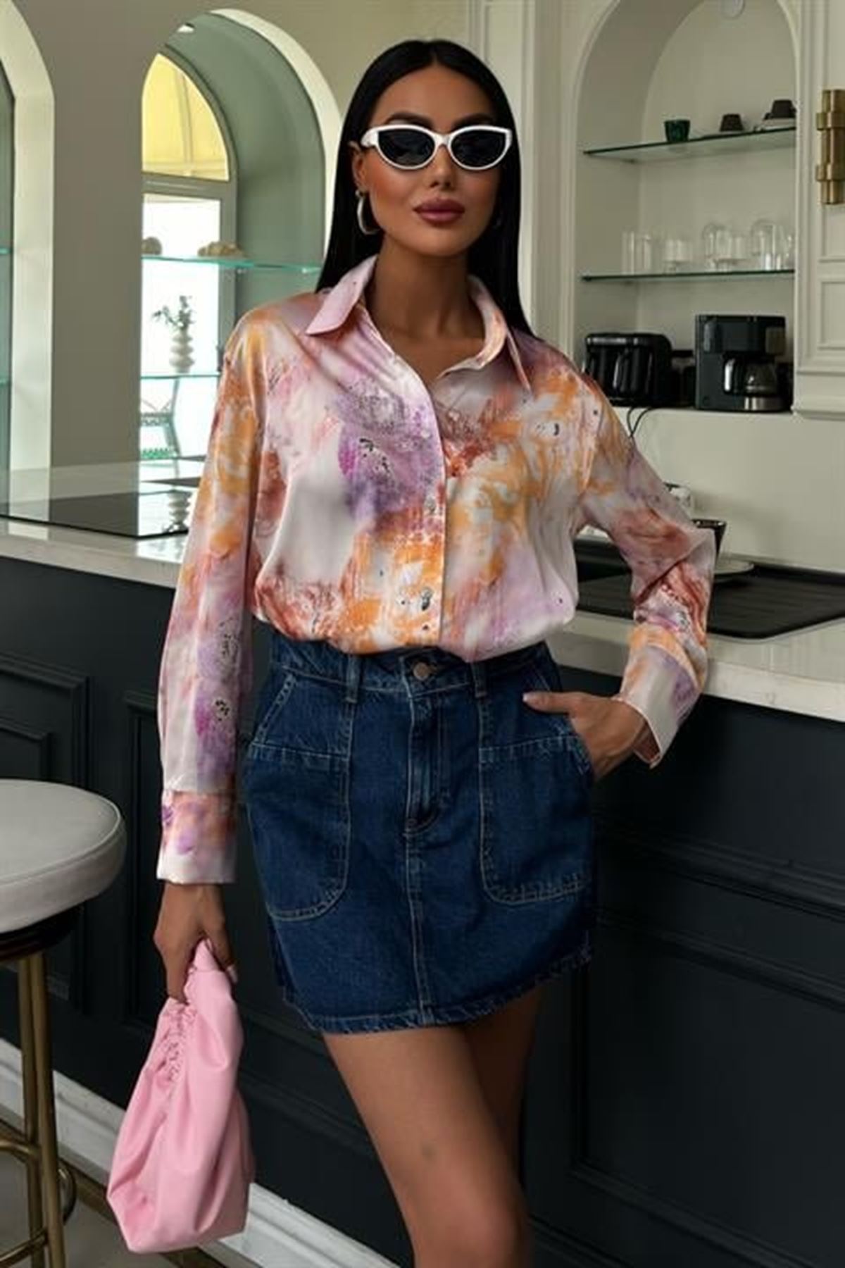 Batik Desenli Saten Gömlek 3409