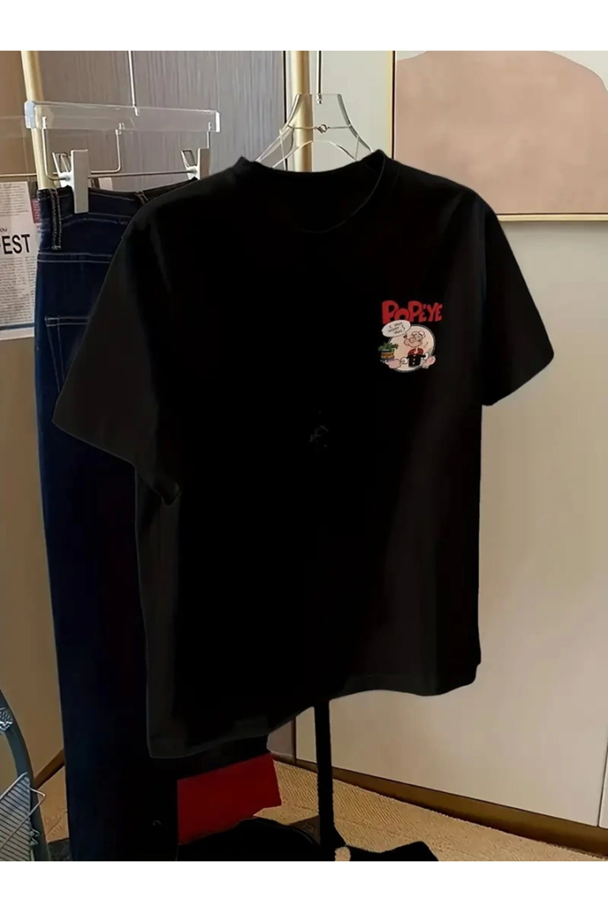 Baskılı Oversize Bisiklet Yaka T-shirt - Siyah