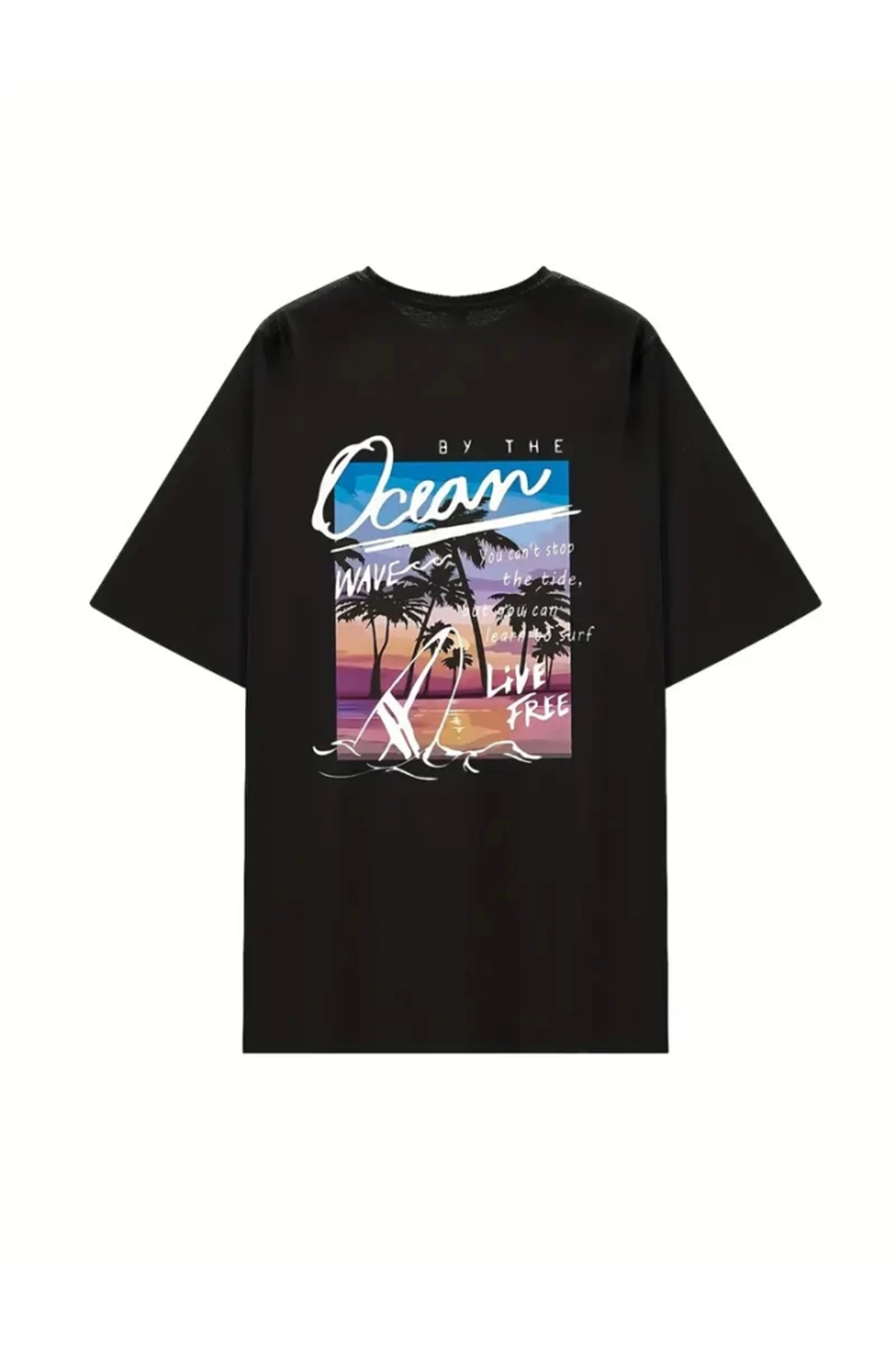Kadınlar İçin Geniş Kesim Tişört - Kısa Kollu, Bol Kesim, Manzaralı Okyanus Baskı, Günlük Yazlık Üst, Siyah- Siyah