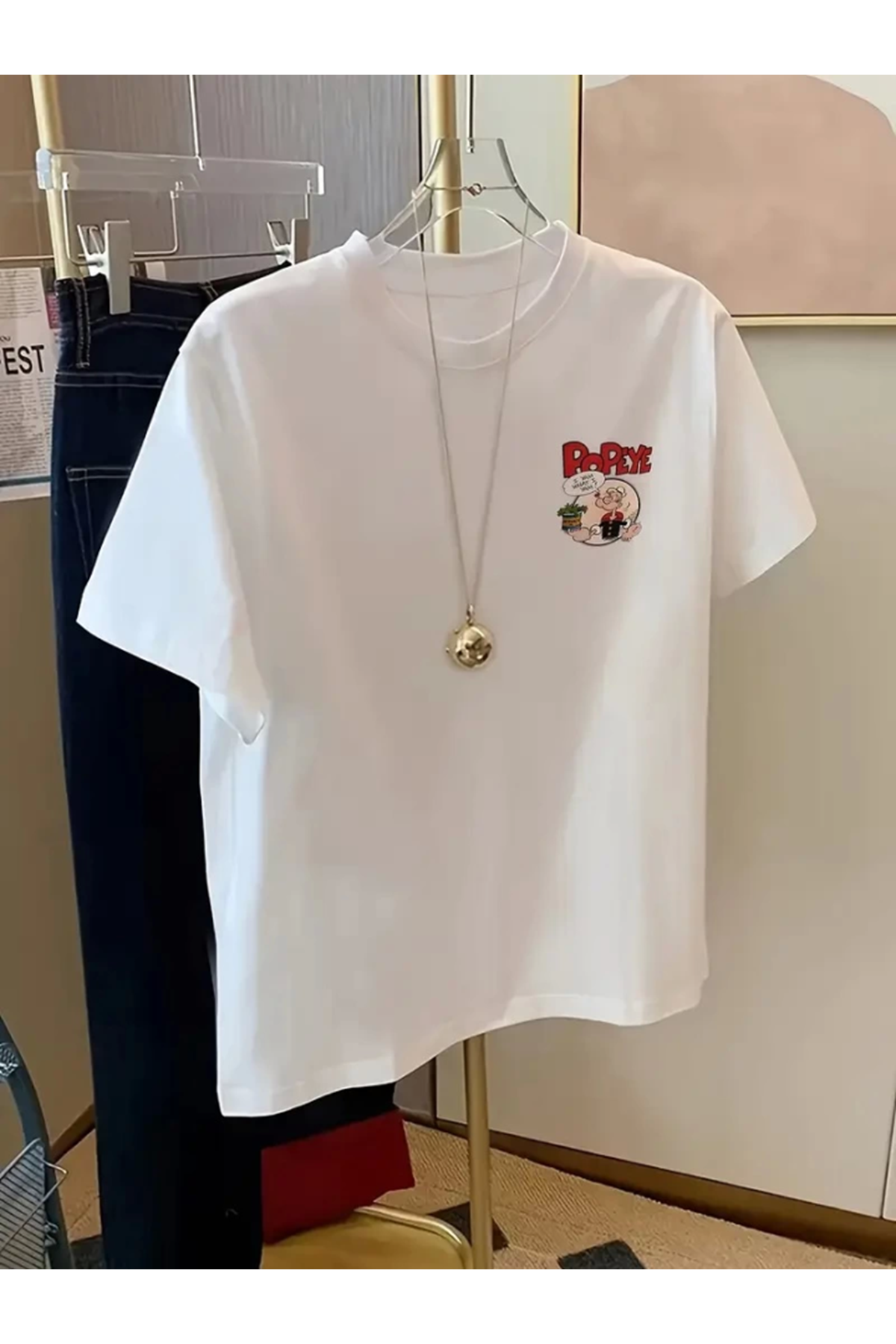 Baskılı Oversize Bisiklet Yaka T-shirt - Beyaz