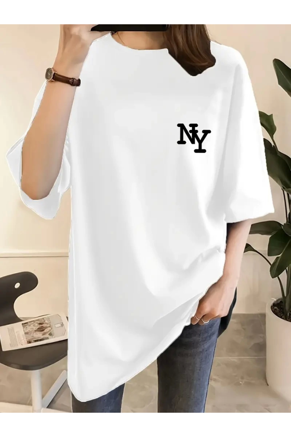 Baskılı Oversize Bisiklet Yaka T-shirt - Beyaz