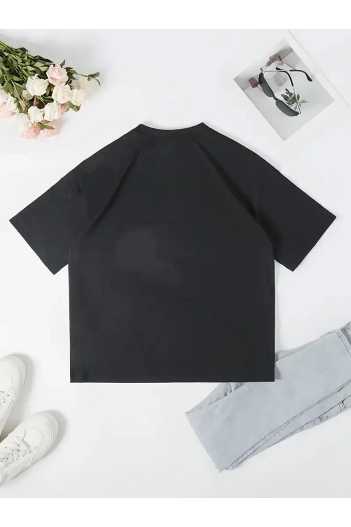 Baskılı Oversize Bisiklet Yaka T-shirt - Siyah