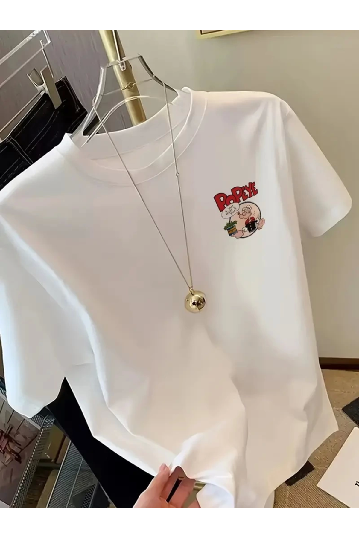 Baskılı Oversize Bisiklet Yaka T-shirt - Beyaz