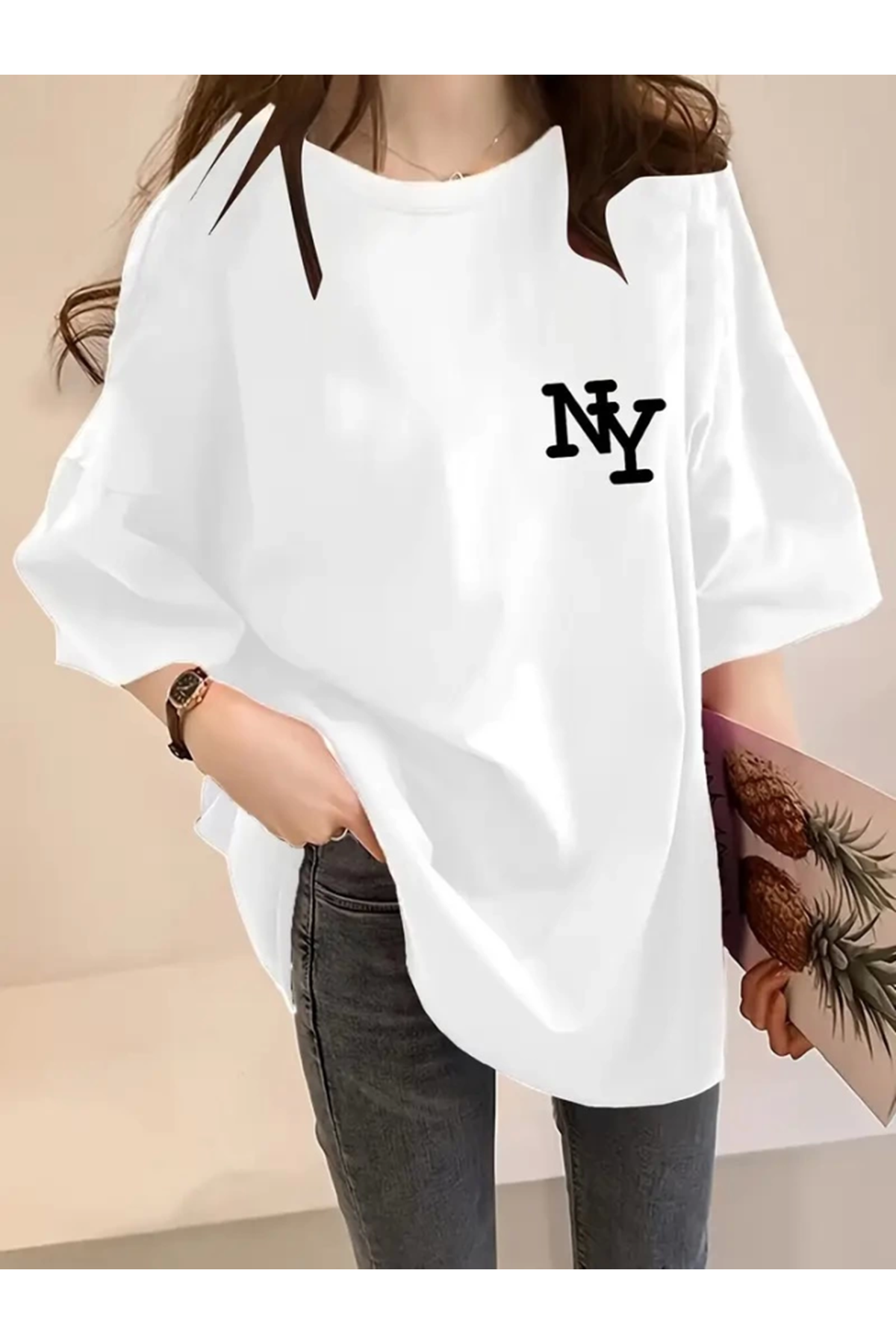 Baskılı Oversize Bisiklet Yaka T-shirt - Beyaz