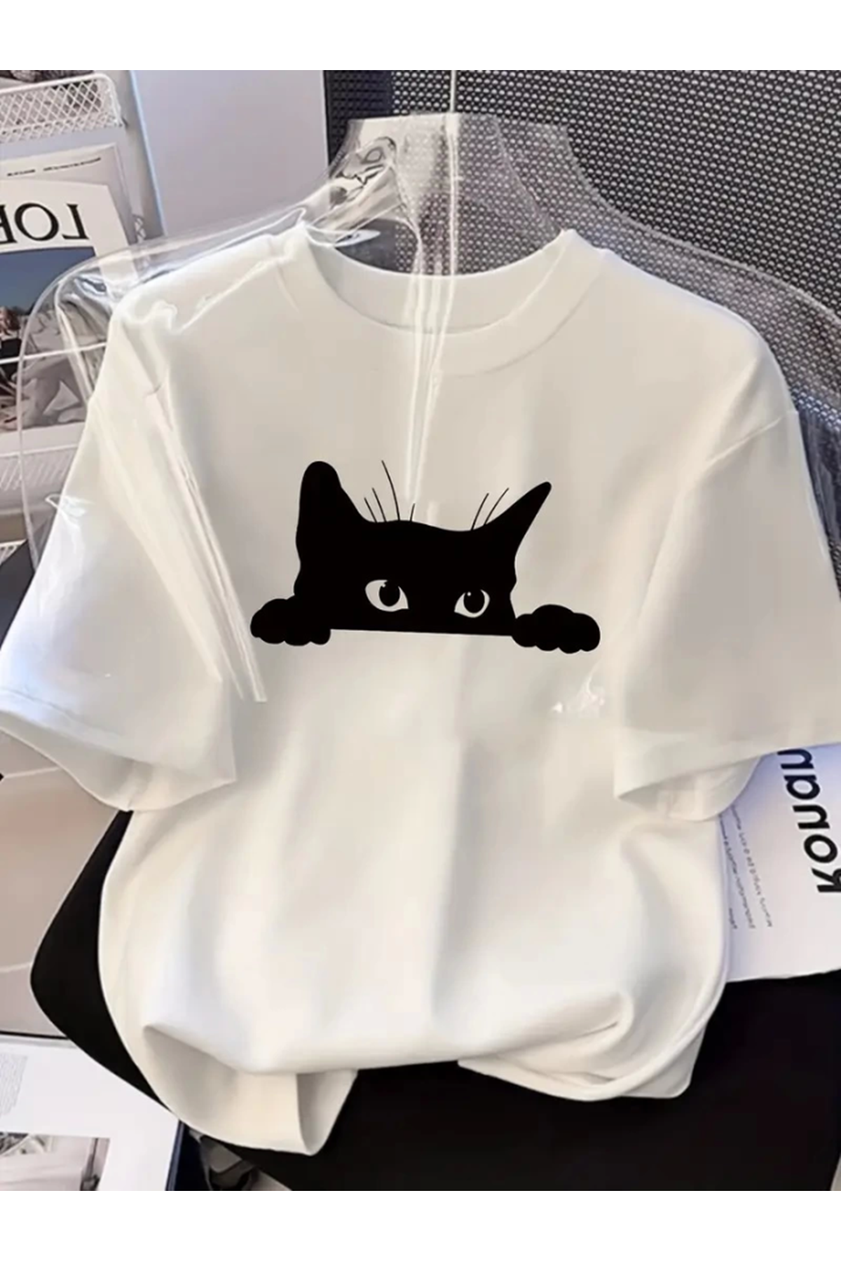 Baskılı Oversize Bisiklet Yaka T-shirt - Beyaz