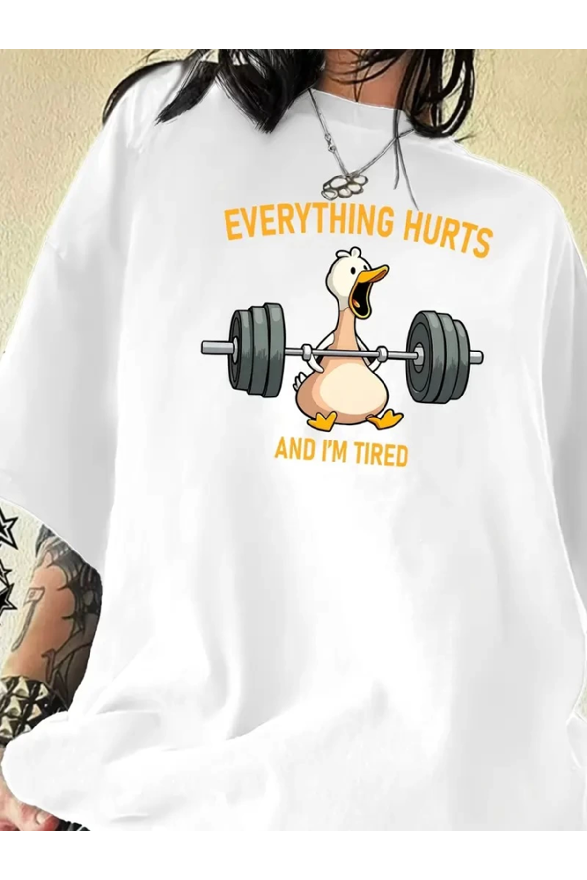 Baskılı Oversize Bisiklet Yaka T-shirt - Beyaz