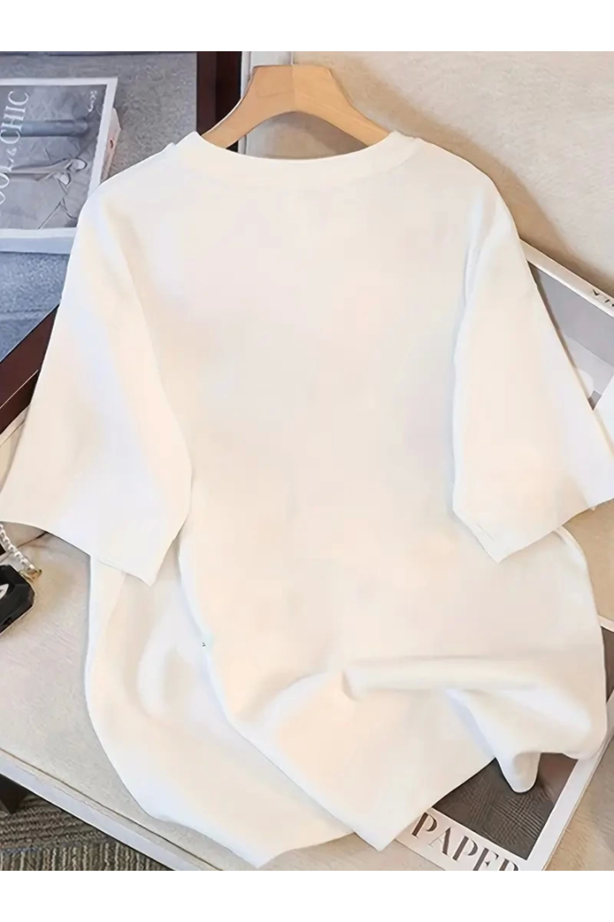 Baskılı Oversize Bisiklet Yaka T-shirt - Beyaz