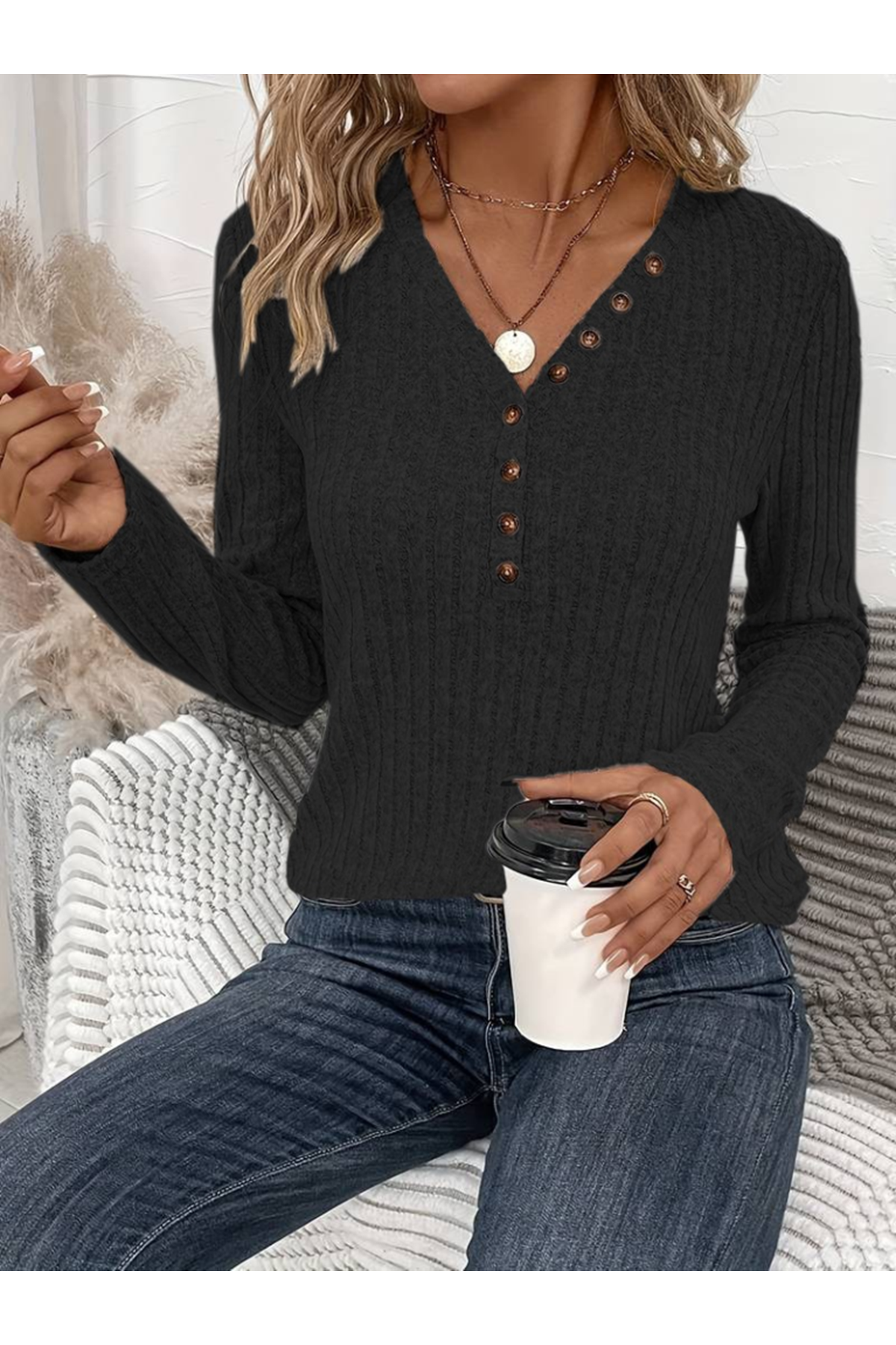 Kadın Uzun Kollu V Yakalı Düğmeli şardonlu Kaşkorse Bluz