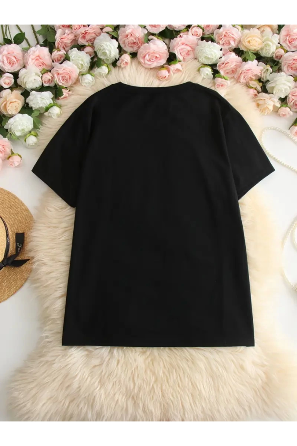 Baskılı Oversize Bisiklet Yaka T-shirt - Siyah