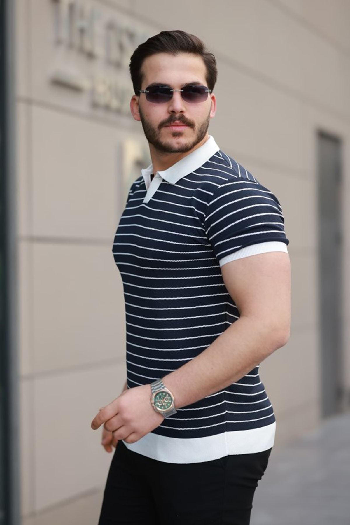 Erkek Kısa Kollu çizgi Desenli örme Kumaş Tshirt