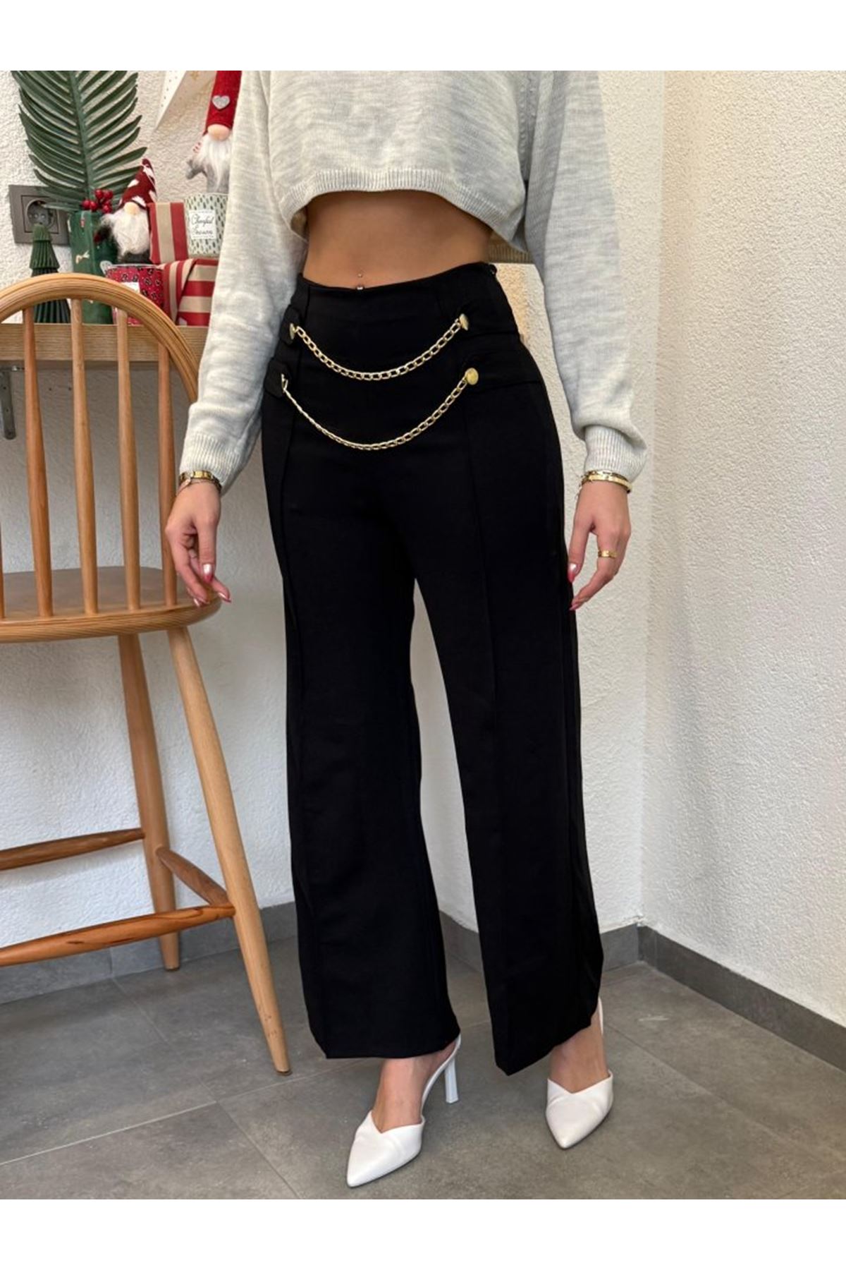 Kadın Beli Zincir Detay Ithal Krep Pantolon