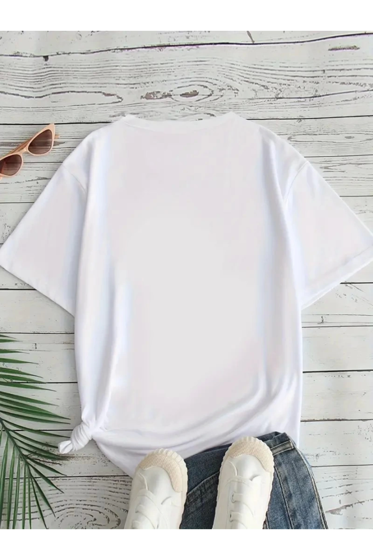 Baskılı Oversize Bisiklet Yaka T-shirt - Beyaz