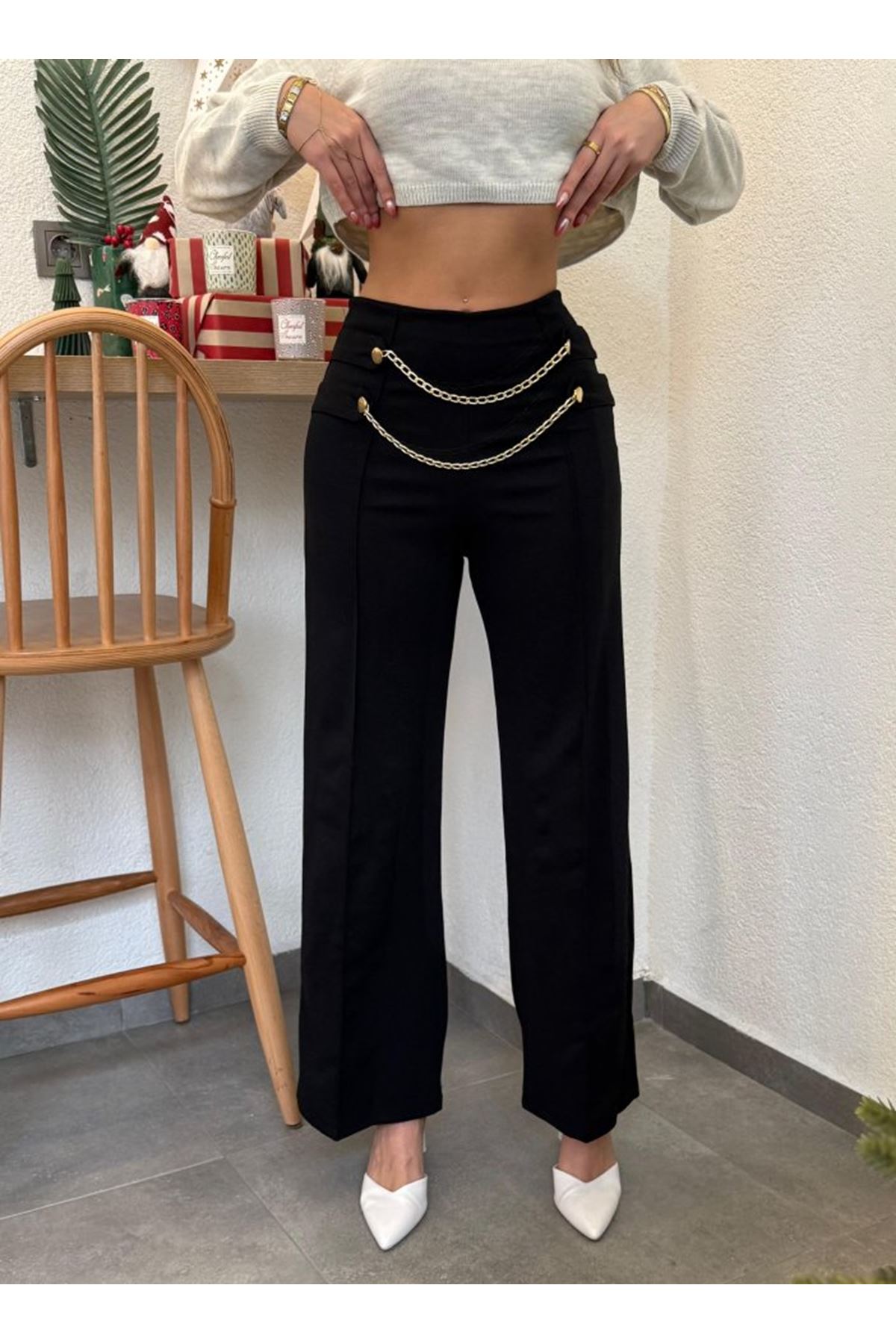 Kadın Beli Zincir Detay Ithal Krep Pantolon