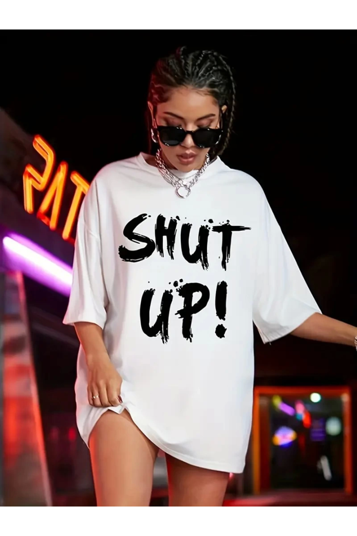 Baskılı Oversize Bisiklet Yaka T-shirt - Beyaz