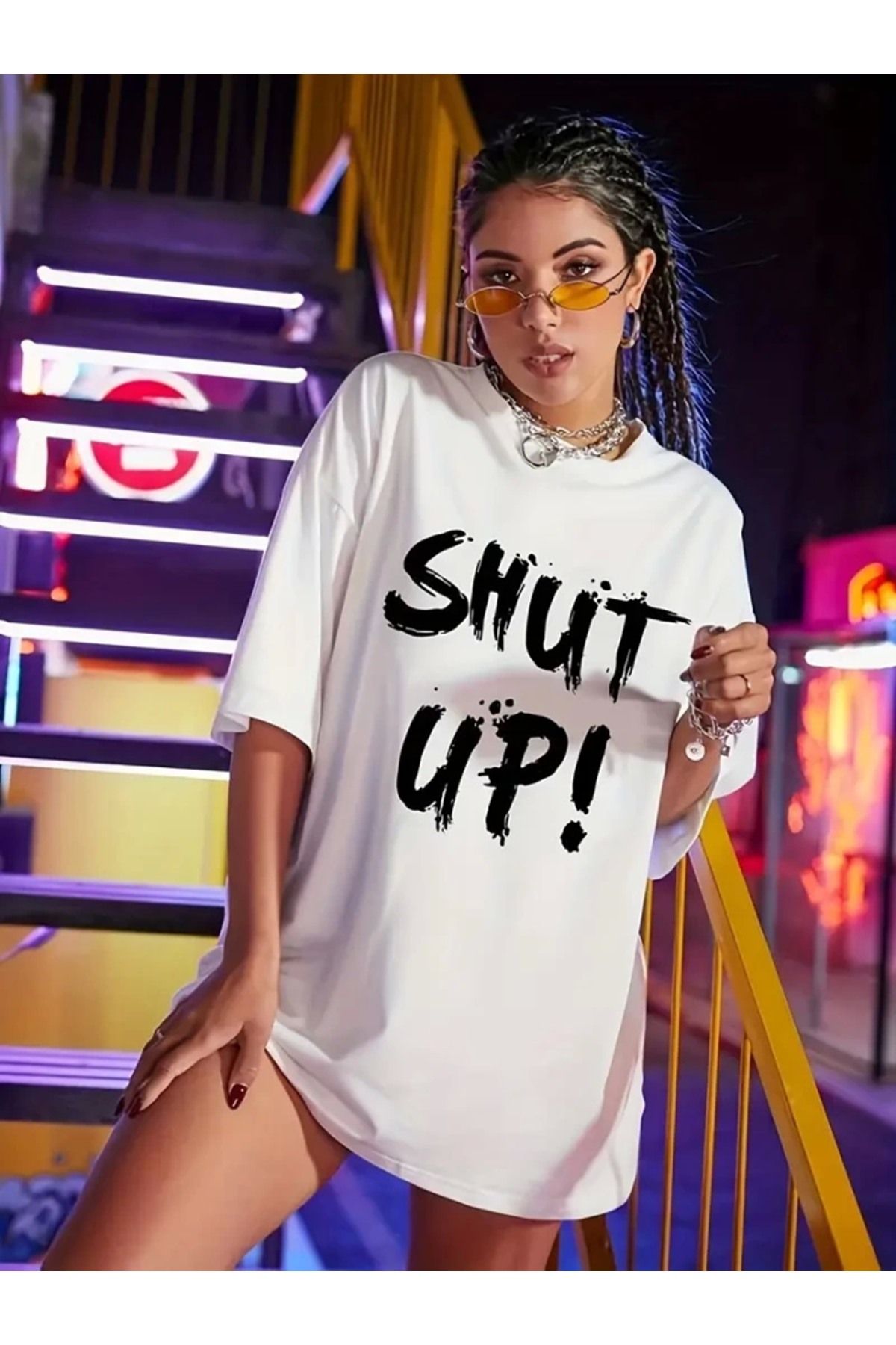 Baskılı Oversize Bisiklet Yaka T-shirt - Beyaz