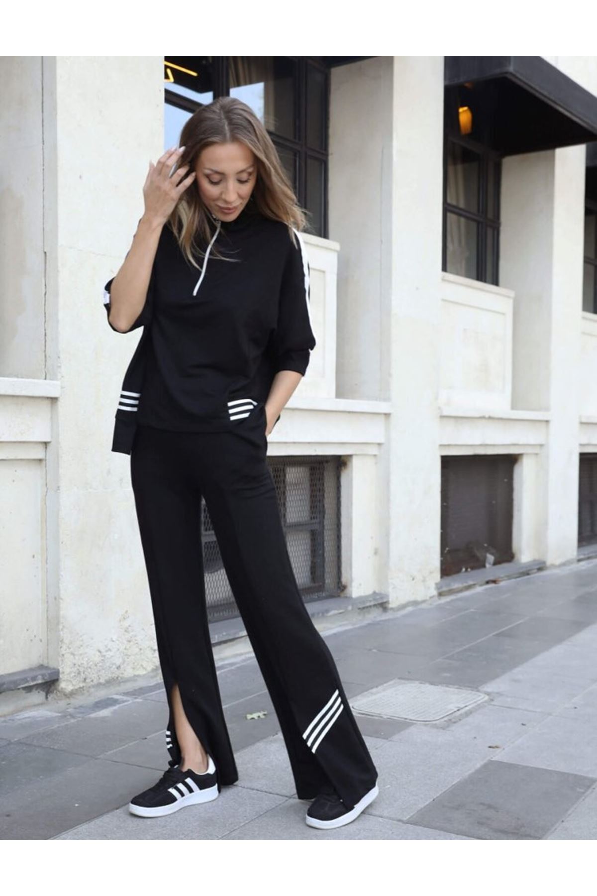 Kadın Polo Yaka Paça Yırtmaçlı Ribanalı İkili Takım