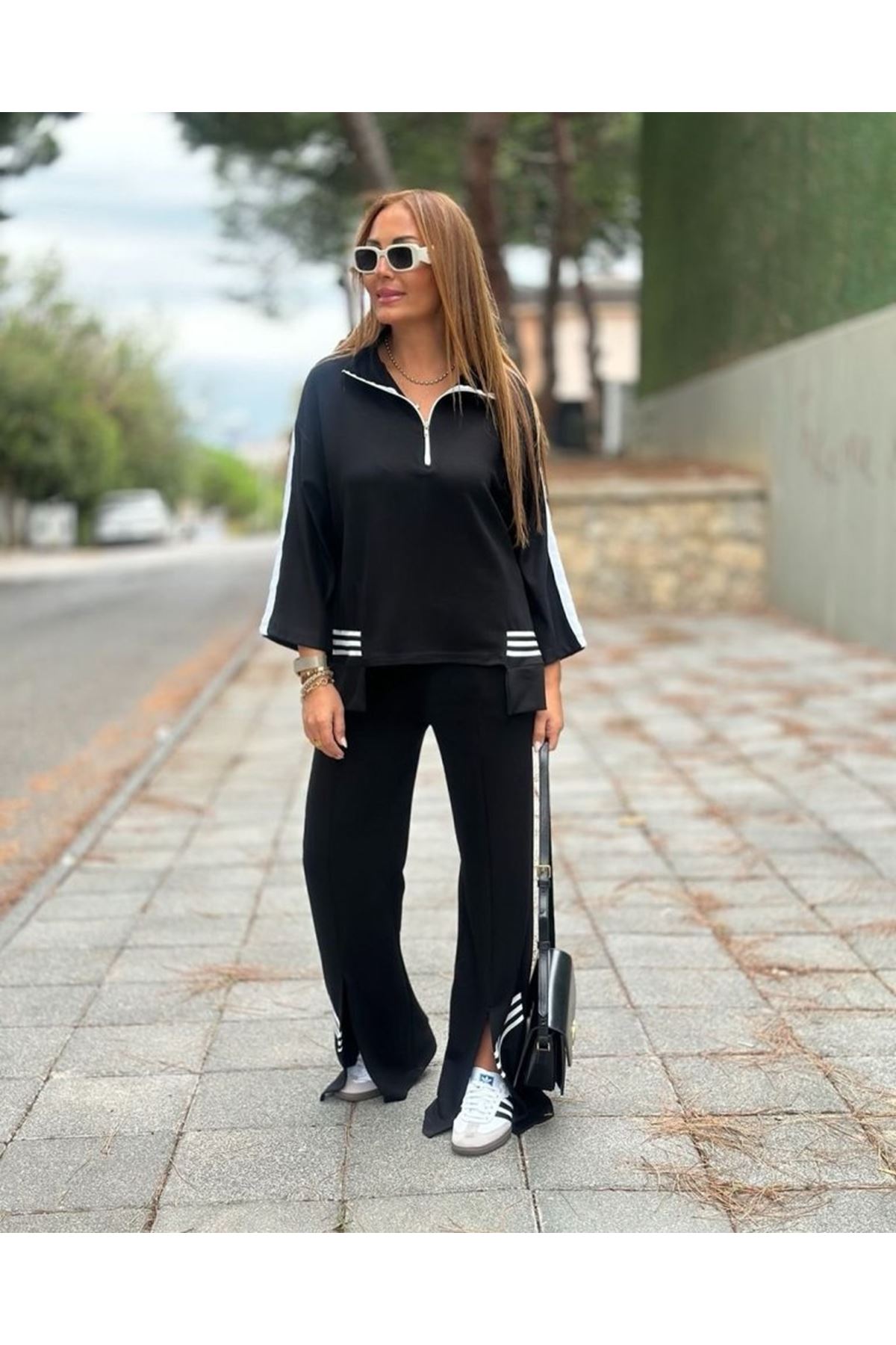 Kadın Polo Yaka Paça Yırtmaçlı Ribanalı İkili Takım