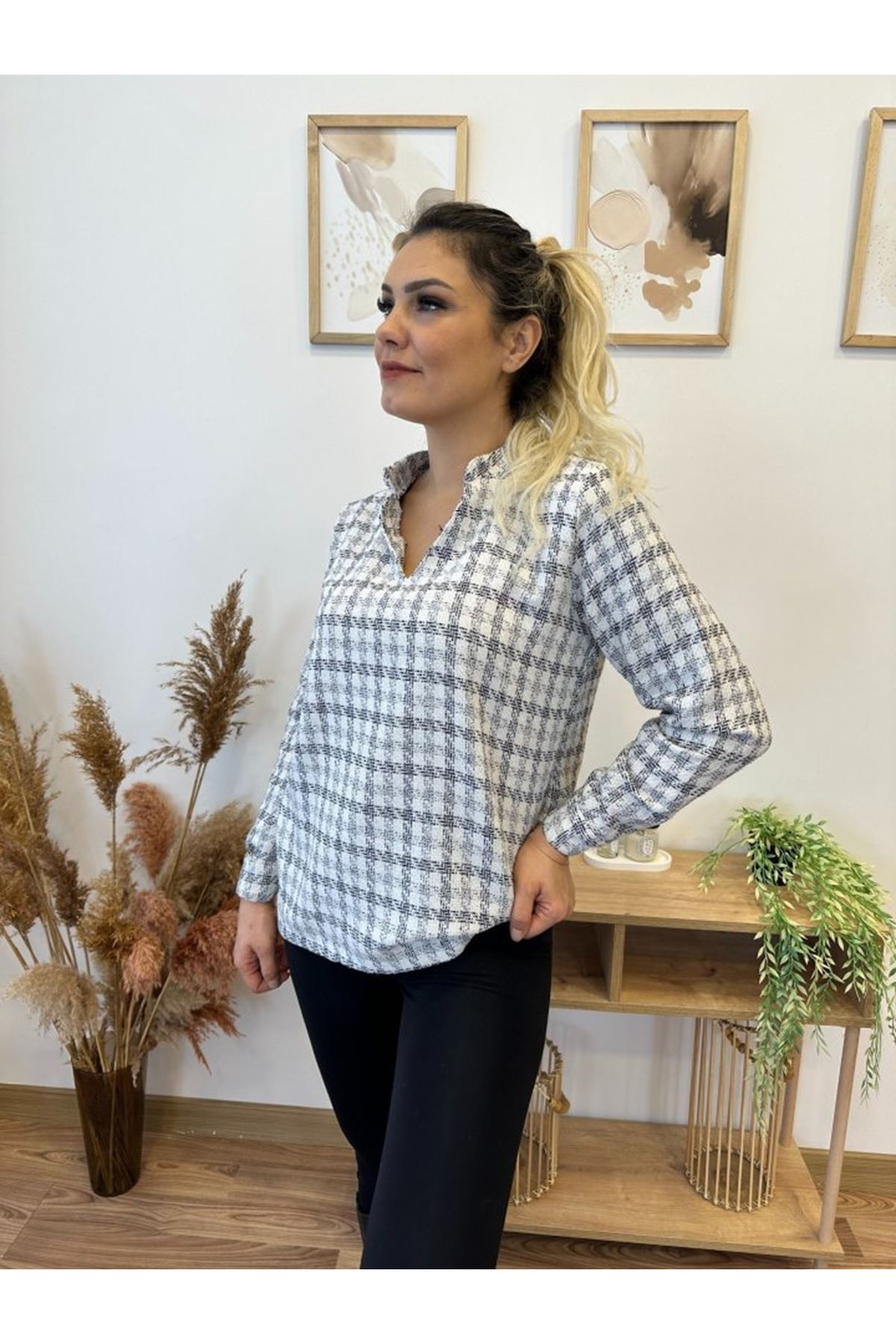 Kadın Uzun Kollu V Hakim Yaka çok Renkli Dokuma Bluz