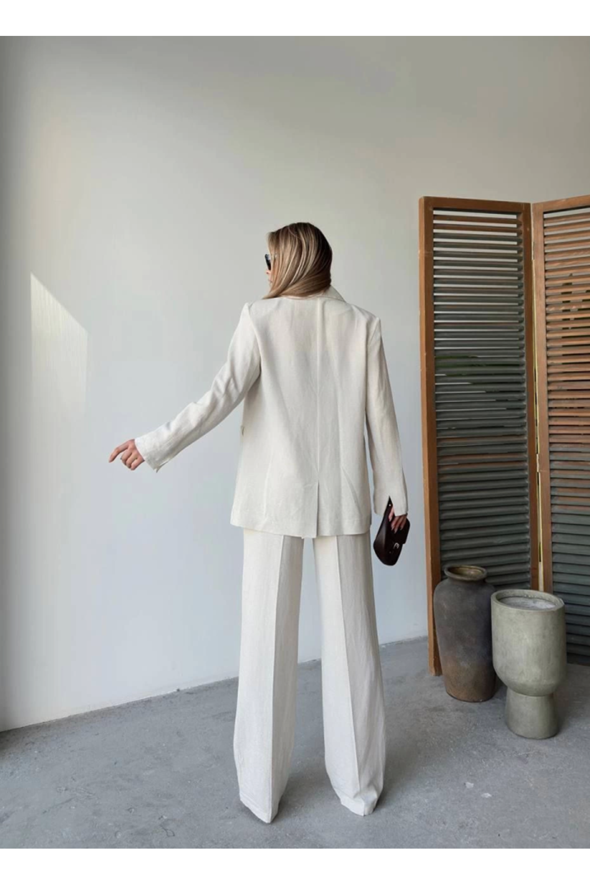 Keten Ceket Pantolon Ikili Takım - Beyaz