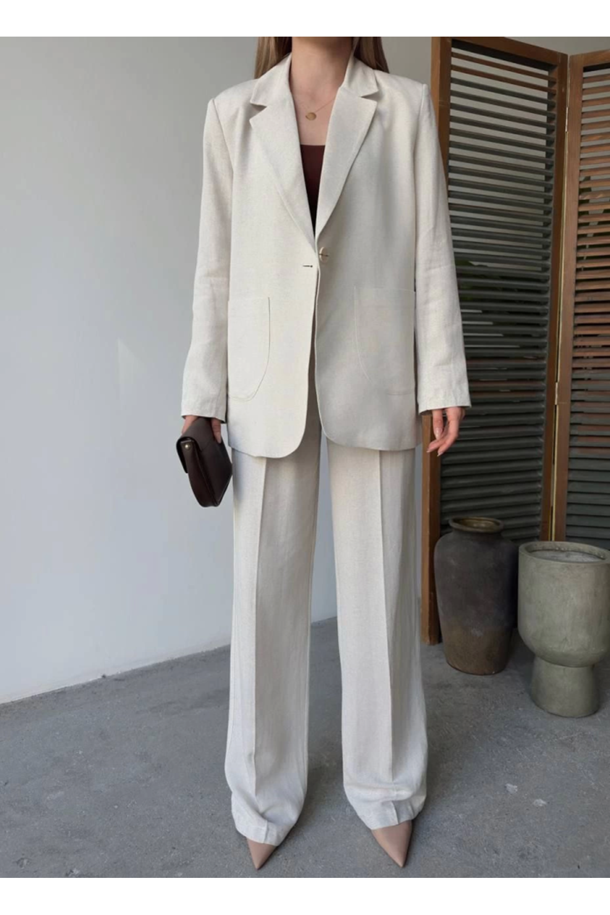 Keten Ceket Pantolon Ikili Takım - Beyaz