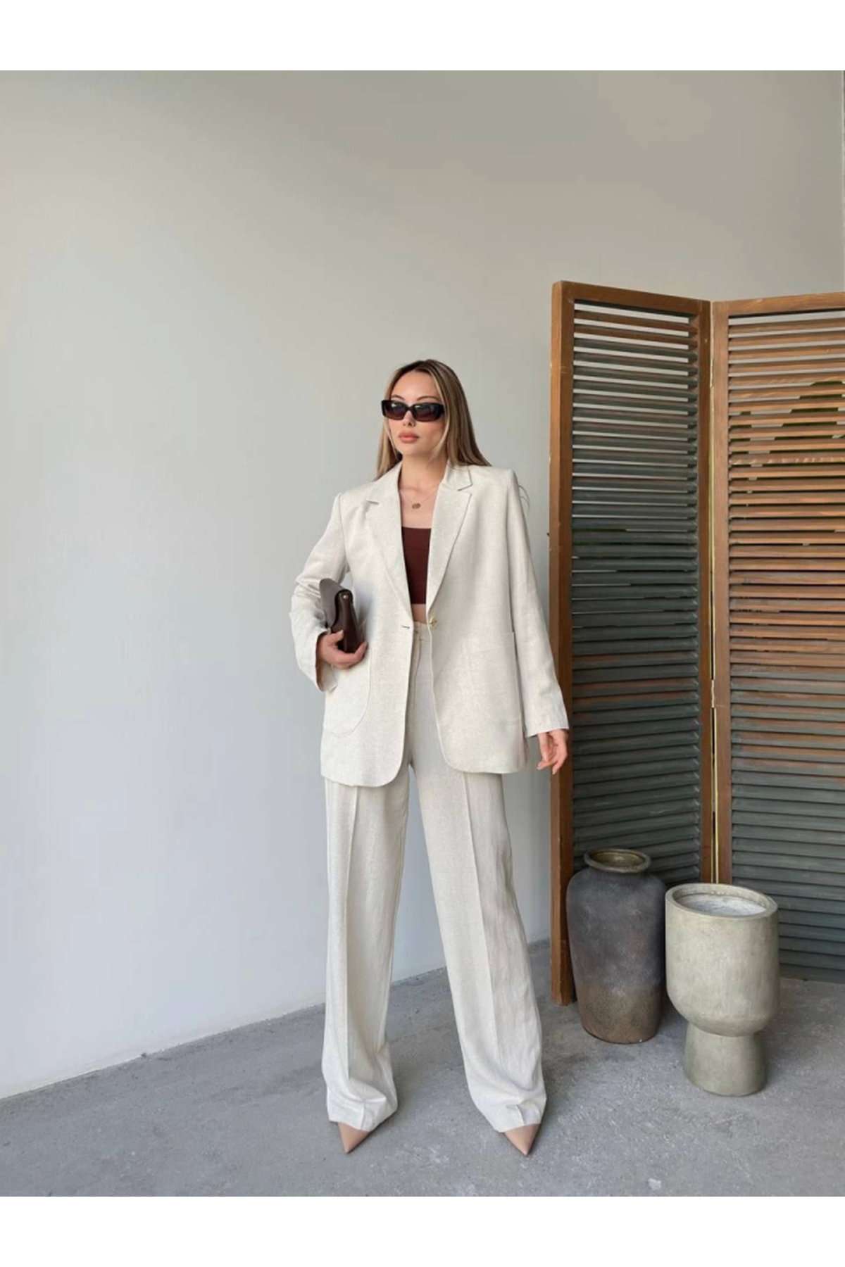 Keten Ceket Pantolon Ikili Takım - Beyaz