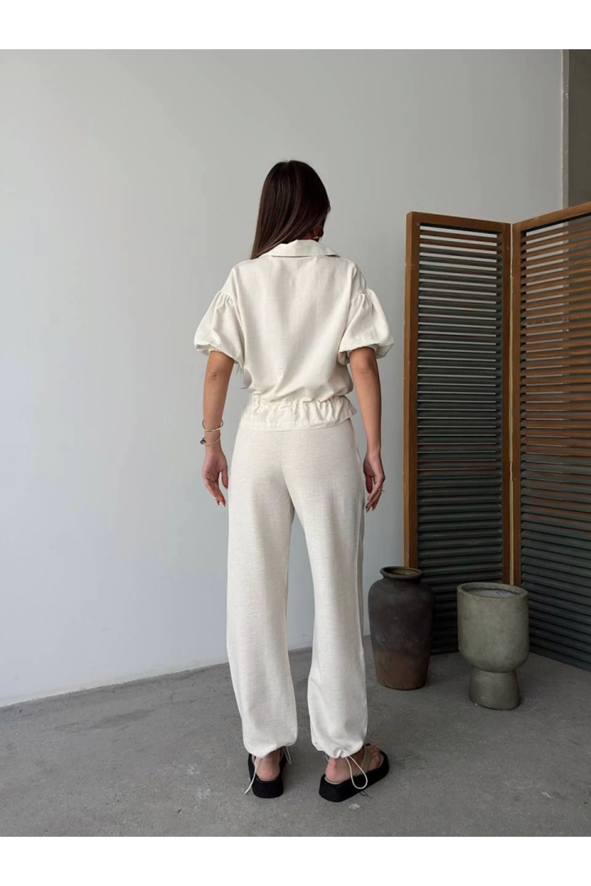 Keten Tam Fermuarlı Kısa Kollu Gömlek Pantolon Ikili Takım - Beyaz