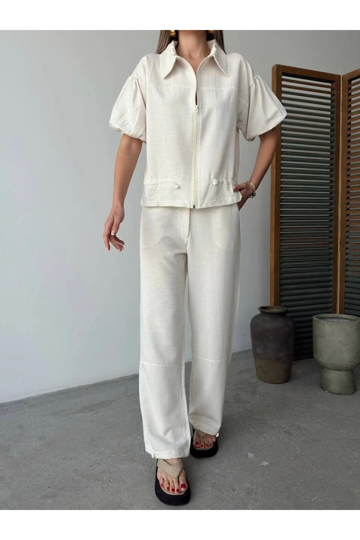 Keten Tam Fermuarlı Kısa Kollu Gömlek Pantolon Ikili Takım - Beyaz