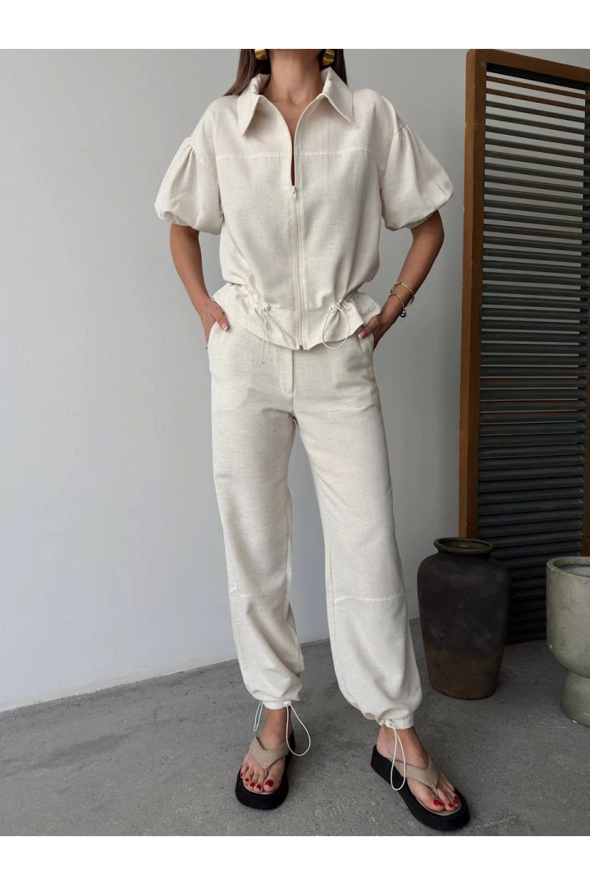 Keten Tam Fermuarlı Kısa Kollu Gömlek Pantolon Ikili Takım - Beyaz