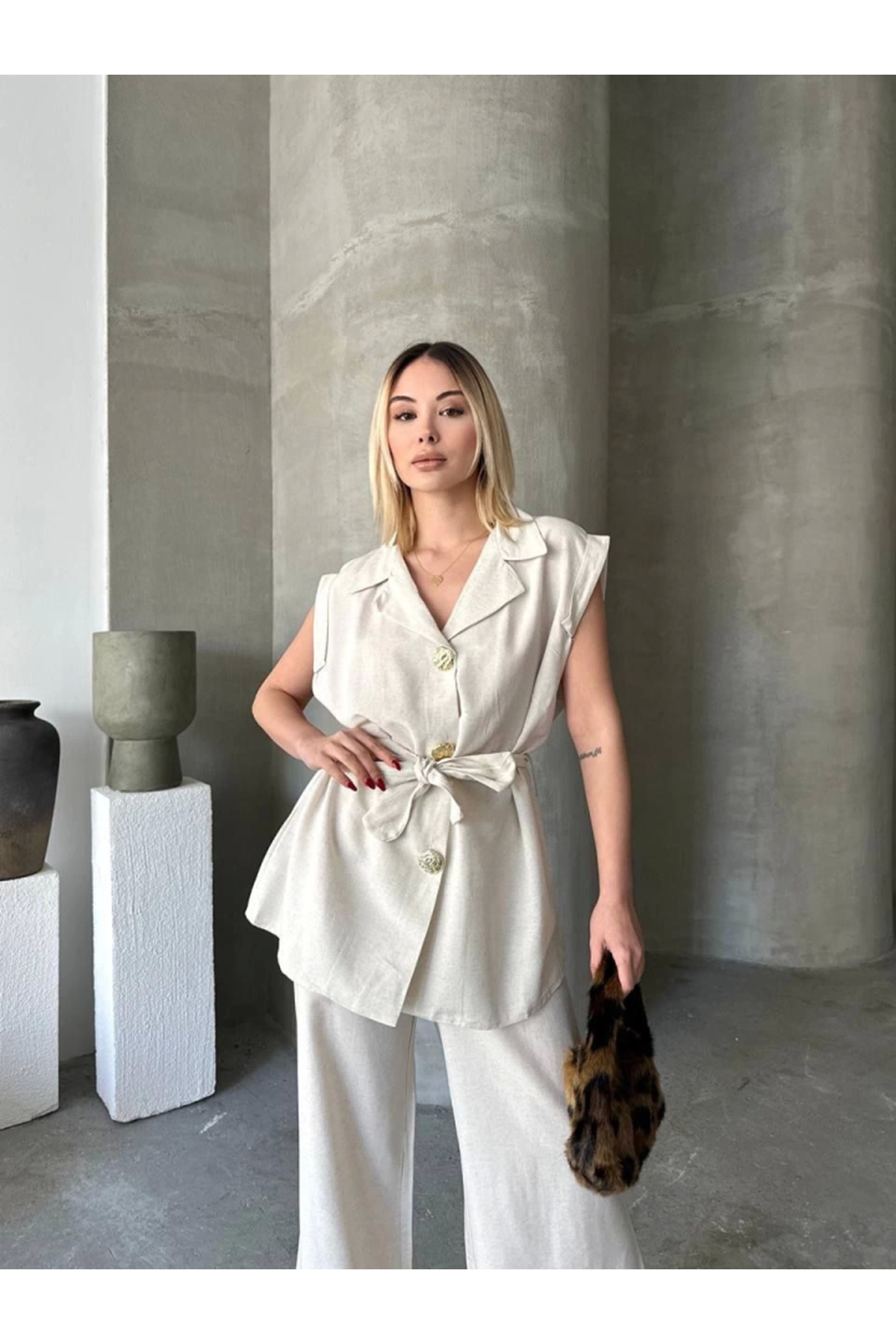 Keten Sıfır Kol Kuşaklı Ceket Pantolon Ikili Takım - Beyaz