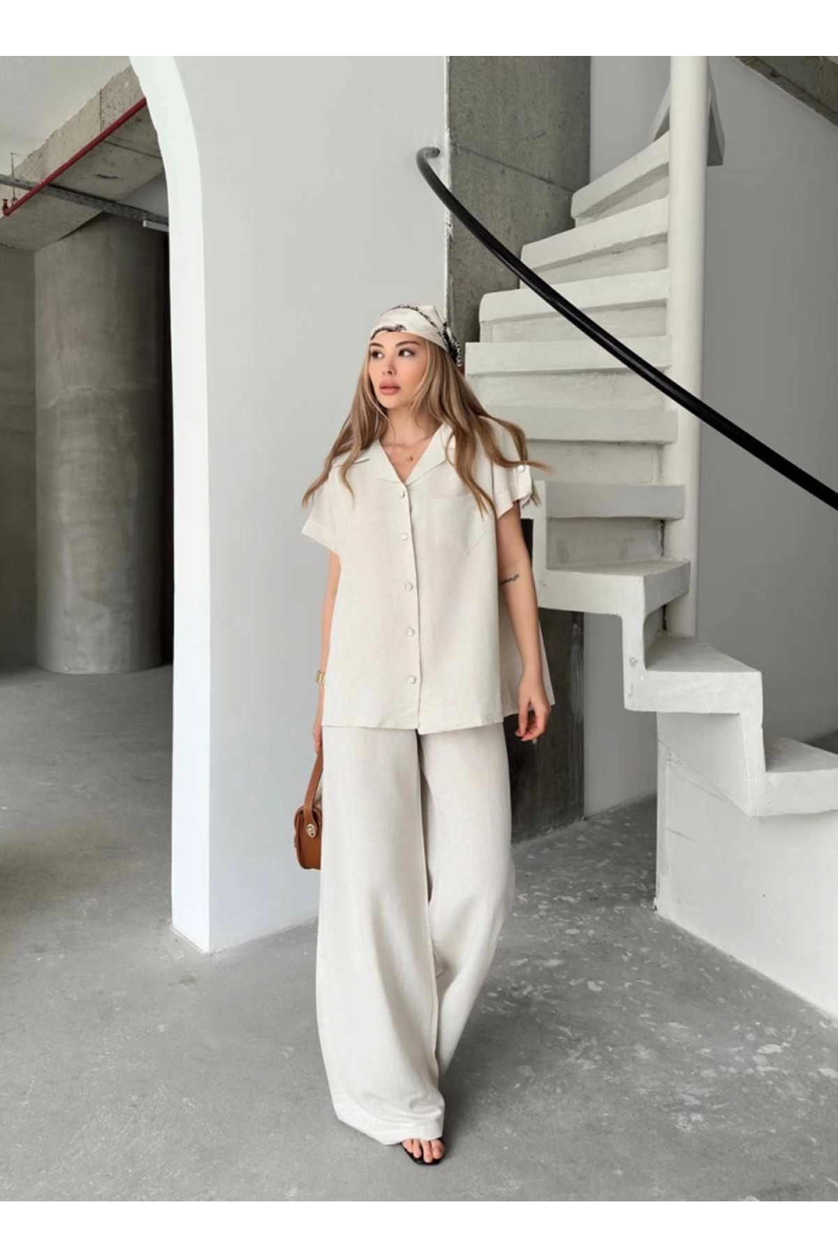 Keten Kısa Kollu Cepli Gömlek Pantolon Ikili Takım - Beyaz