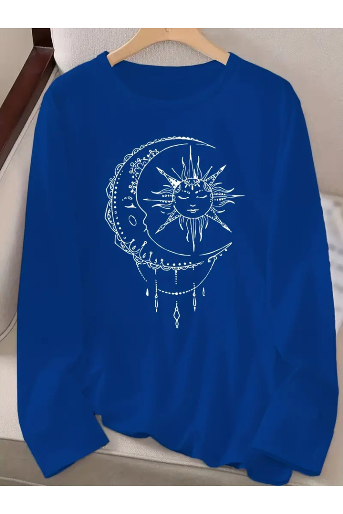 Kadın Uzun Kollu Bisiklet Yaka Ay Baskılı Viskon Bluz