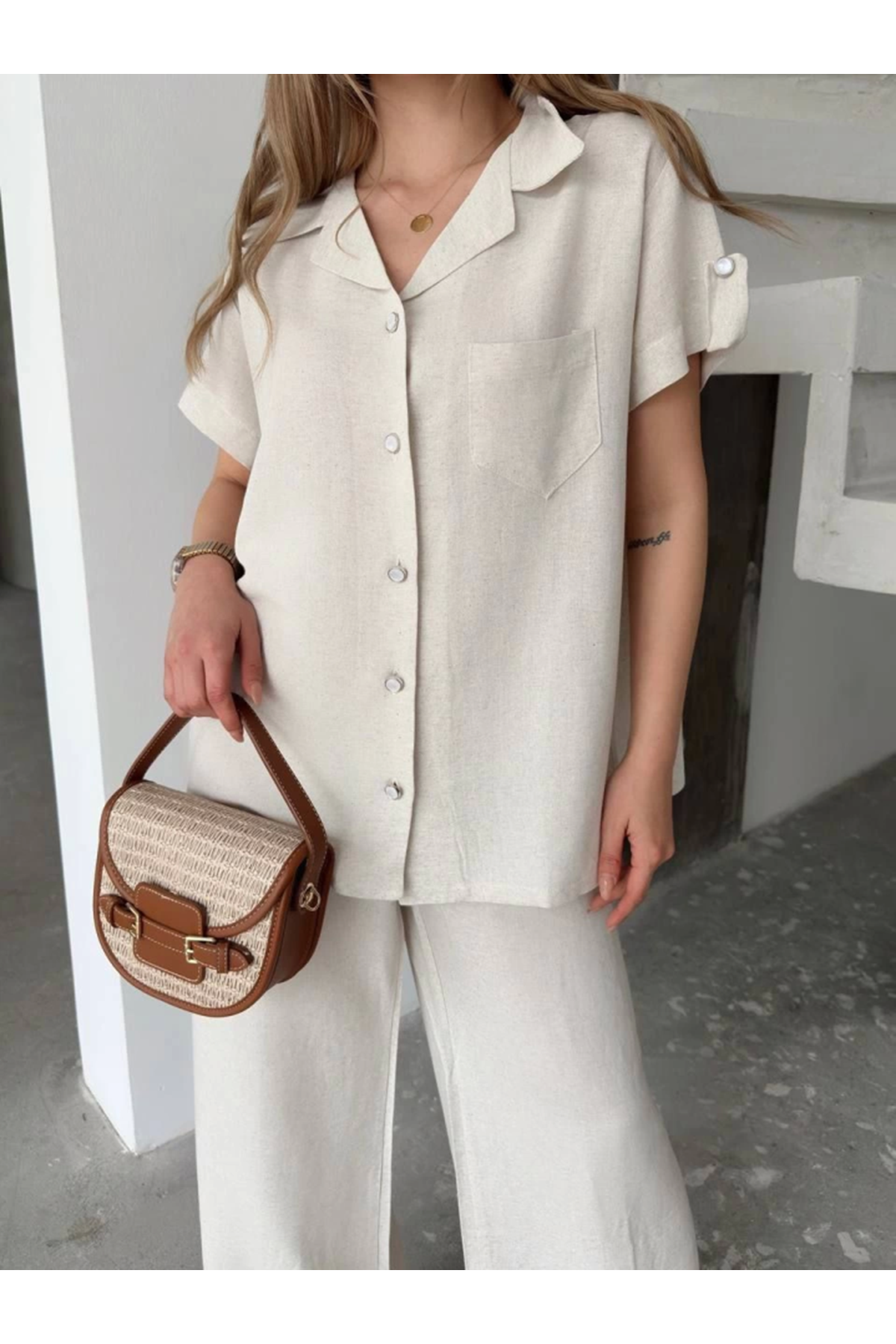 Keten Kısa Kollu Cepli Gömlek Pantolon Ikili Takım - Beyaz