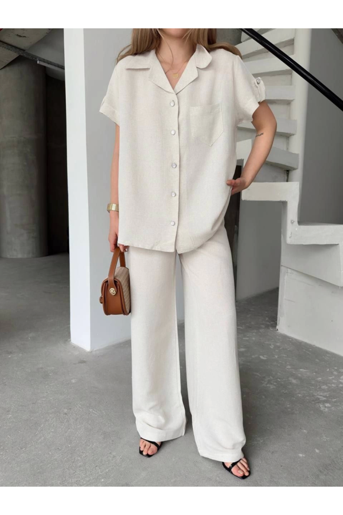 Keten Kısa Kollu Cepli Gömlek Pantolon Ikili Takım - Beyaz