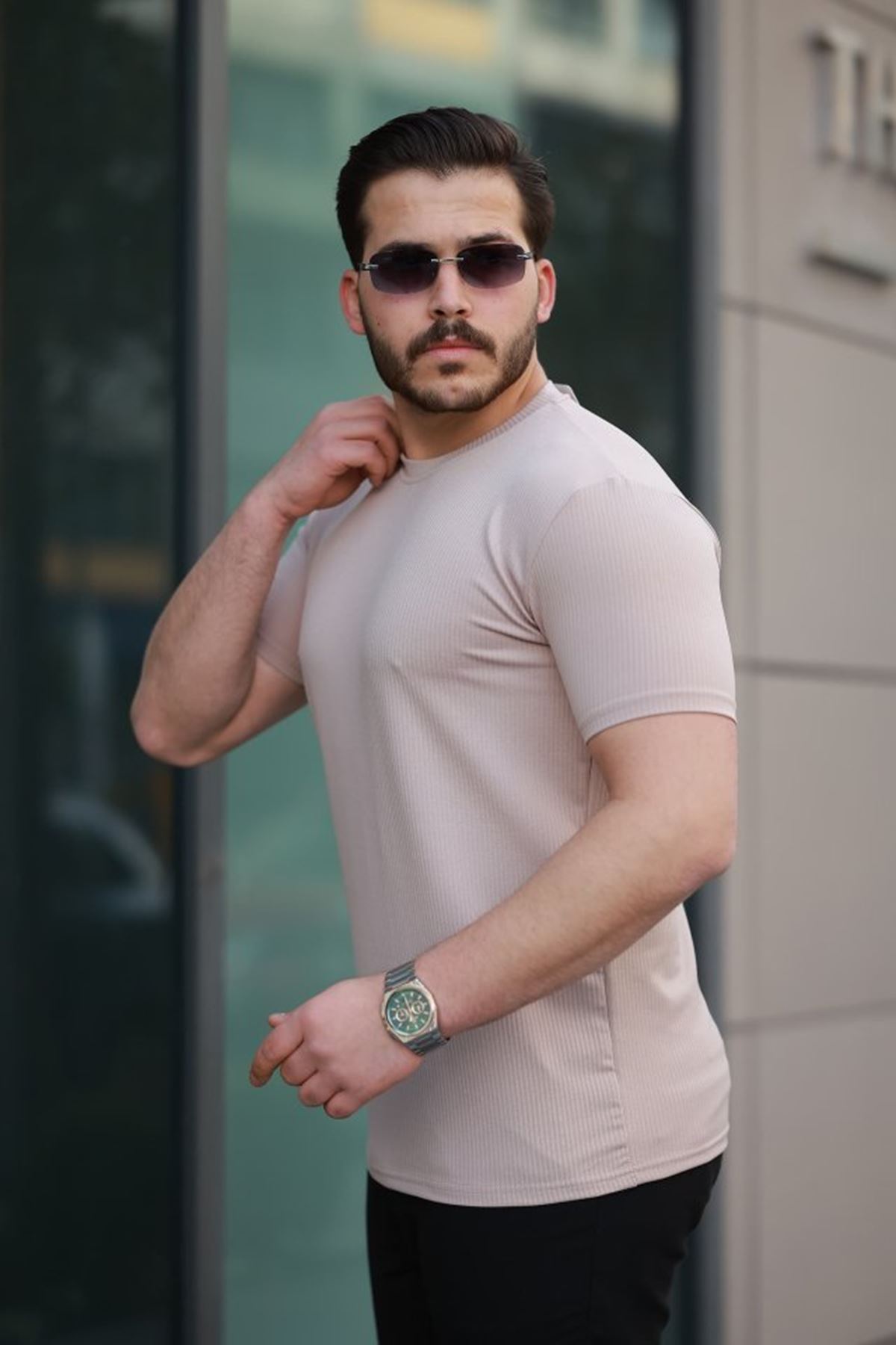 Erkek Kısa Kollu çizgi Kabartma Detaylı T-shirt